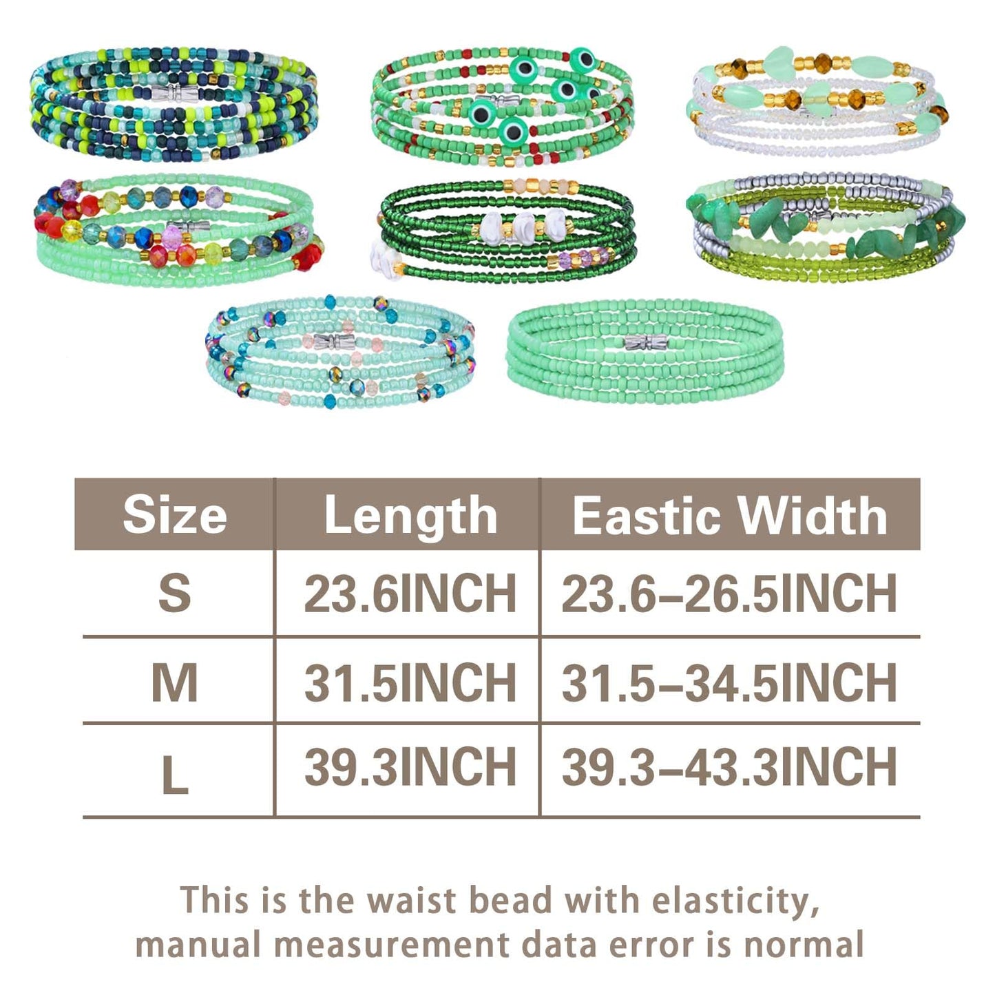 ELABEST Adjustable Handmade Waist Beads Stretchy 23-52 inch 8Pcs Chakra Body Belly Beaded Women Waist, Anklet, Bracelet, Necklace Jewelry with Screw clasp (Green, 39.3inch/100cm)