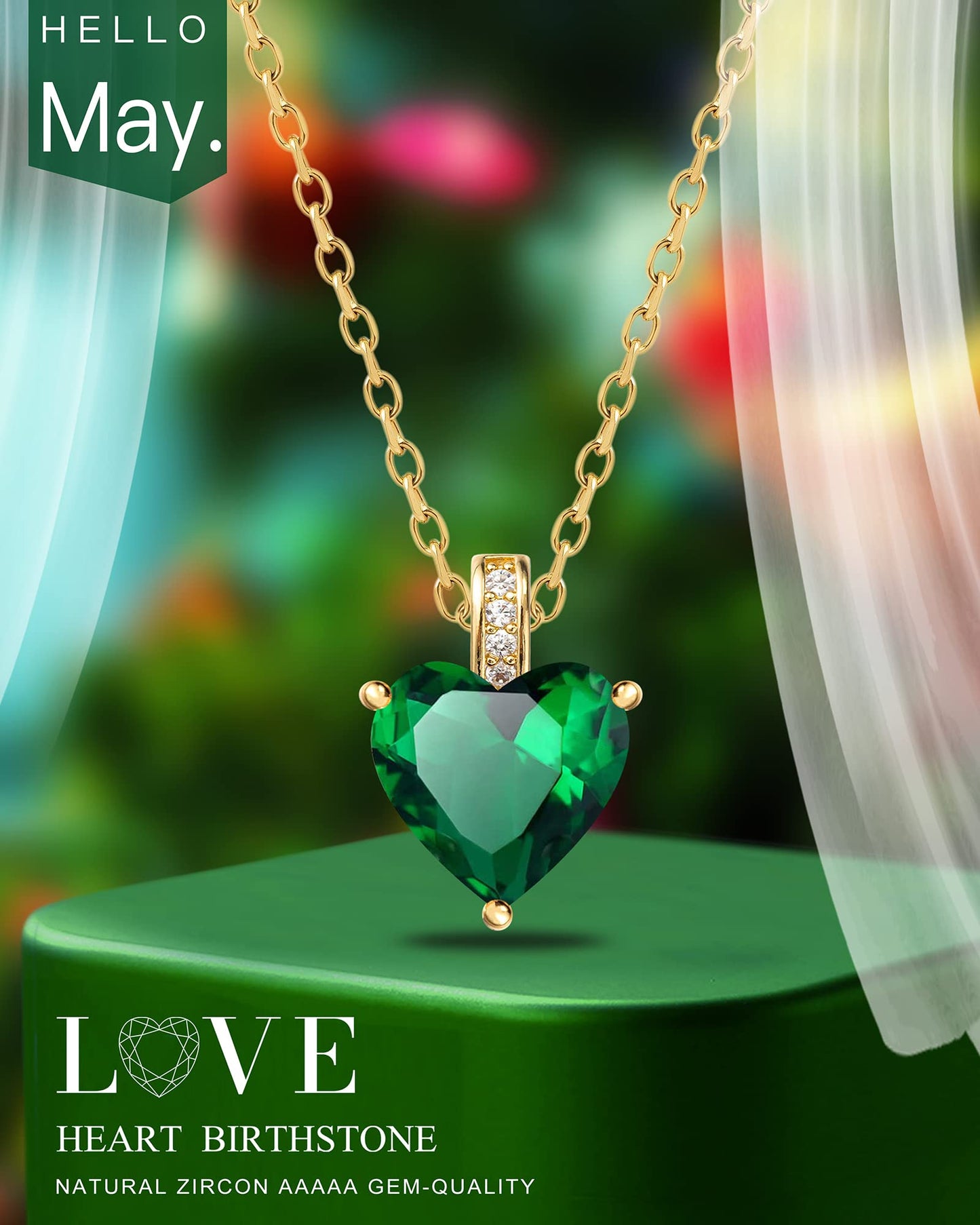 MIDDLUX Emerald Necklace, Emerald Jewelry, May Birthstone Jewelry, May Birthstone Necklace, Heart Necklace