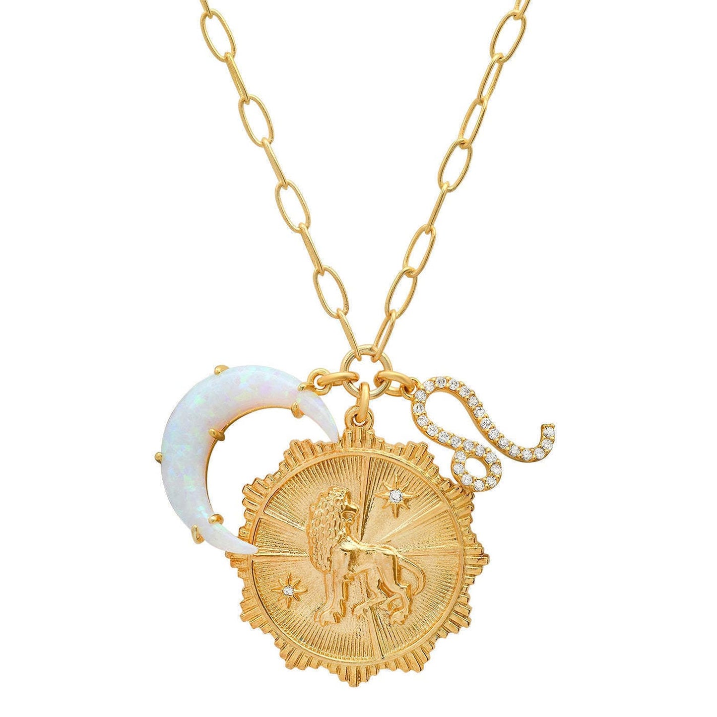 Lanadale Dainty Gold Leo Zodiac Coin Opal Crescent Moon Charm Necklace for Women Trendy 18K Gold Plated Retro Paperclip Chain 12 Constellation Horoscope Necklaces Astrology Jewelry Gifts