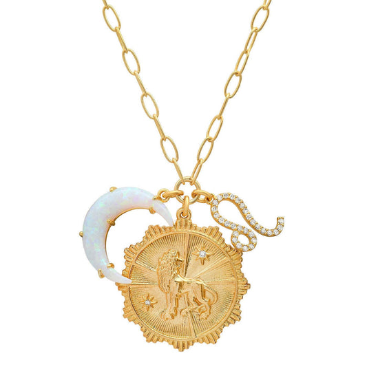 Lanadale Dainty Gold Leo Zodiac Coin Opal Crescent Moon Charm Necklace for Women Trendy 18K Gold Plated Retro Paperclip Chain 12 Constellation Horoscope Necklaces Astrology Jewelry Gifts