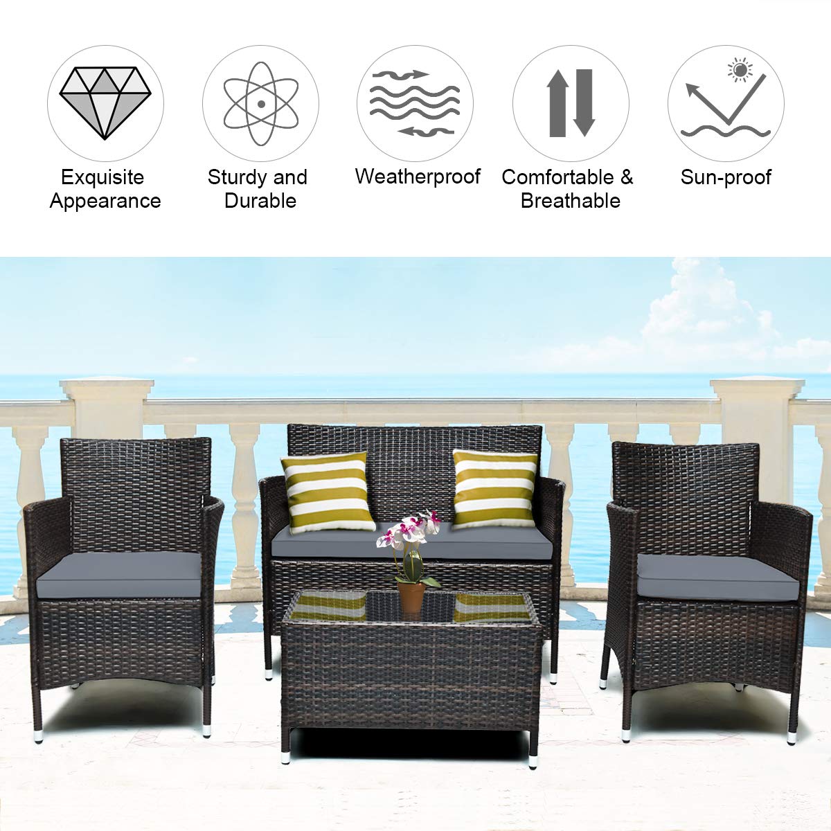 COSTWAY 8PCS Rattan Patio Furniture Set, Outdoor Wicker Rattan Chairs with Coffee Table, Rattan Cushioned Conversation Set for Backyard Balcony Porch Poolside, Grey
