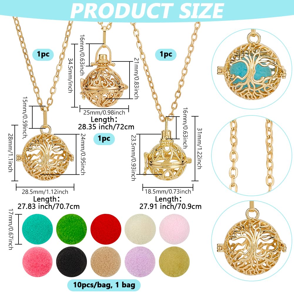 PH PandaHall 3pcs Golden Essential Oil Diffuser Necklace, Aromatherapy Locket Pendant with 10pcs Color Cotton Balls Scent Necklace Hollow Flower Pendant Necklaces for Men Women Jewelry Birthday Gifts
