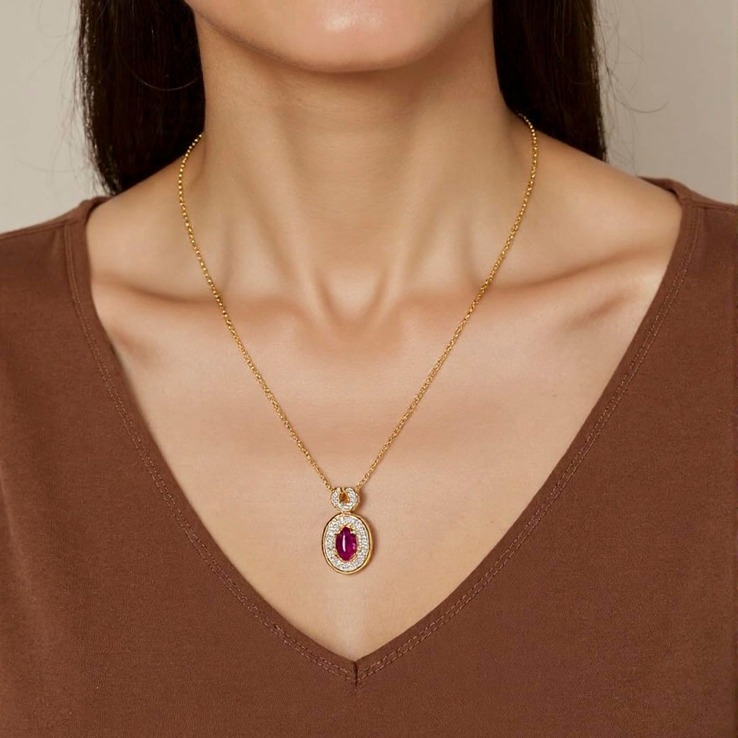 Tessalyn Ruby Necklaces for Women, 18K Gold Plated Round Faux Diamond Halo Pendant Necklace, Cubic Zirconia Halo Necklace