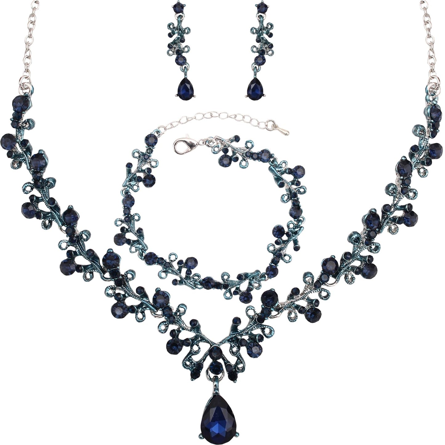 3Pcs Austrian Crystal Jewelry Set for Women, Necklace Dangle Earrings Link Bracelet Jewelry Set with Gold/Platinum/Gun Plated, Wedding Party Jewelry for Bridal Bridesmaid (Blue Black-Platinum Plated)