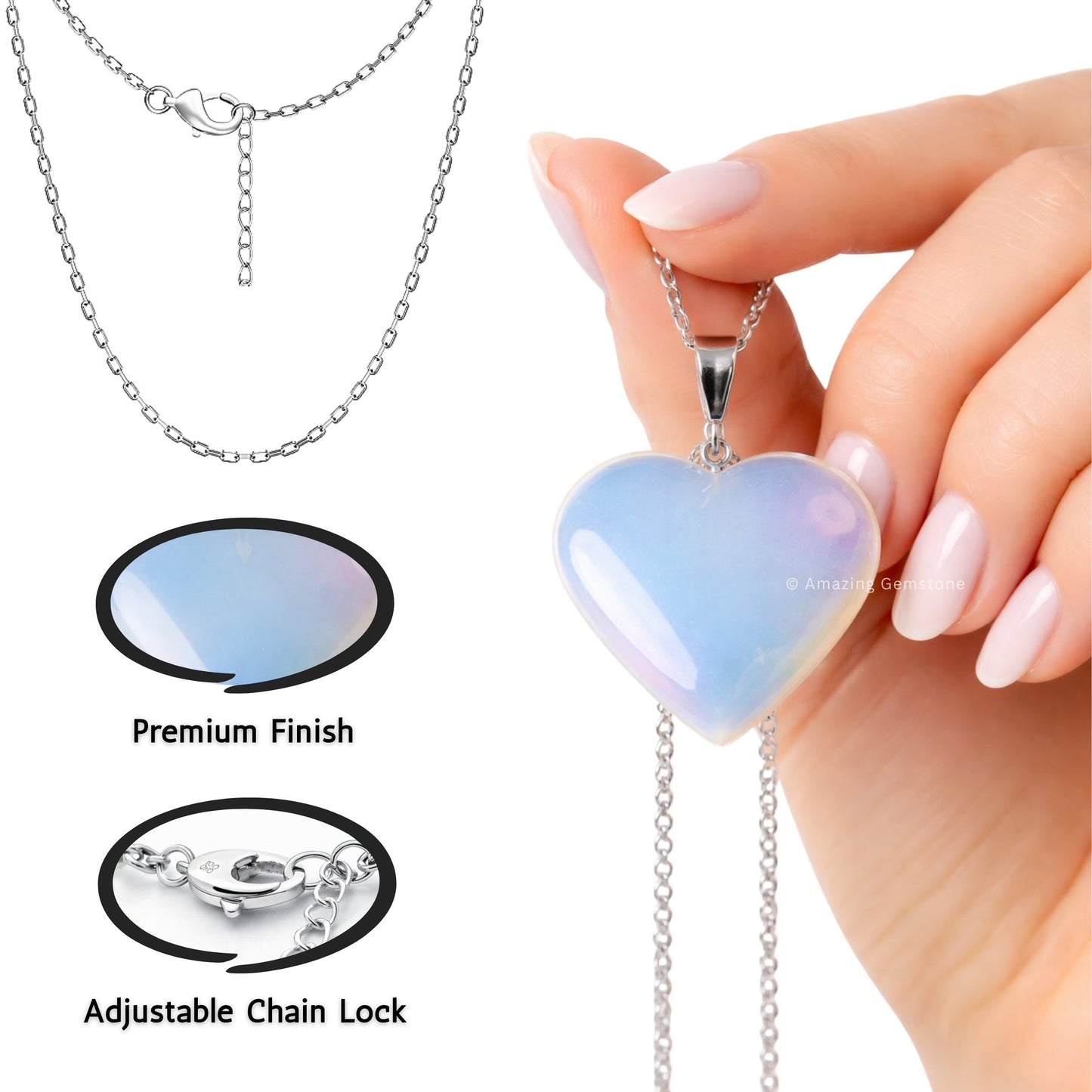 Opalite Neck lace - Healing Crystal Neck lace with Opalite Heart by Taylor - Elegant Jewelry for Energy Balance and Spiritual Healing - Gift for Women on Mothers Day, Christmas, Valentine (Puffy Heart)