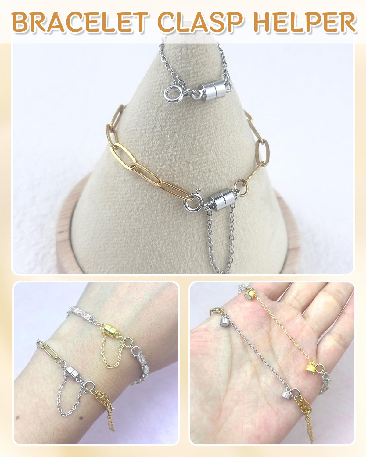 MKCYD 8Pcs Magnetic Bracelet Clasps and Closures with Safety Chain Never Fall Gold and Silver Bracelet Extender Converter Magnetic Clasps for Women