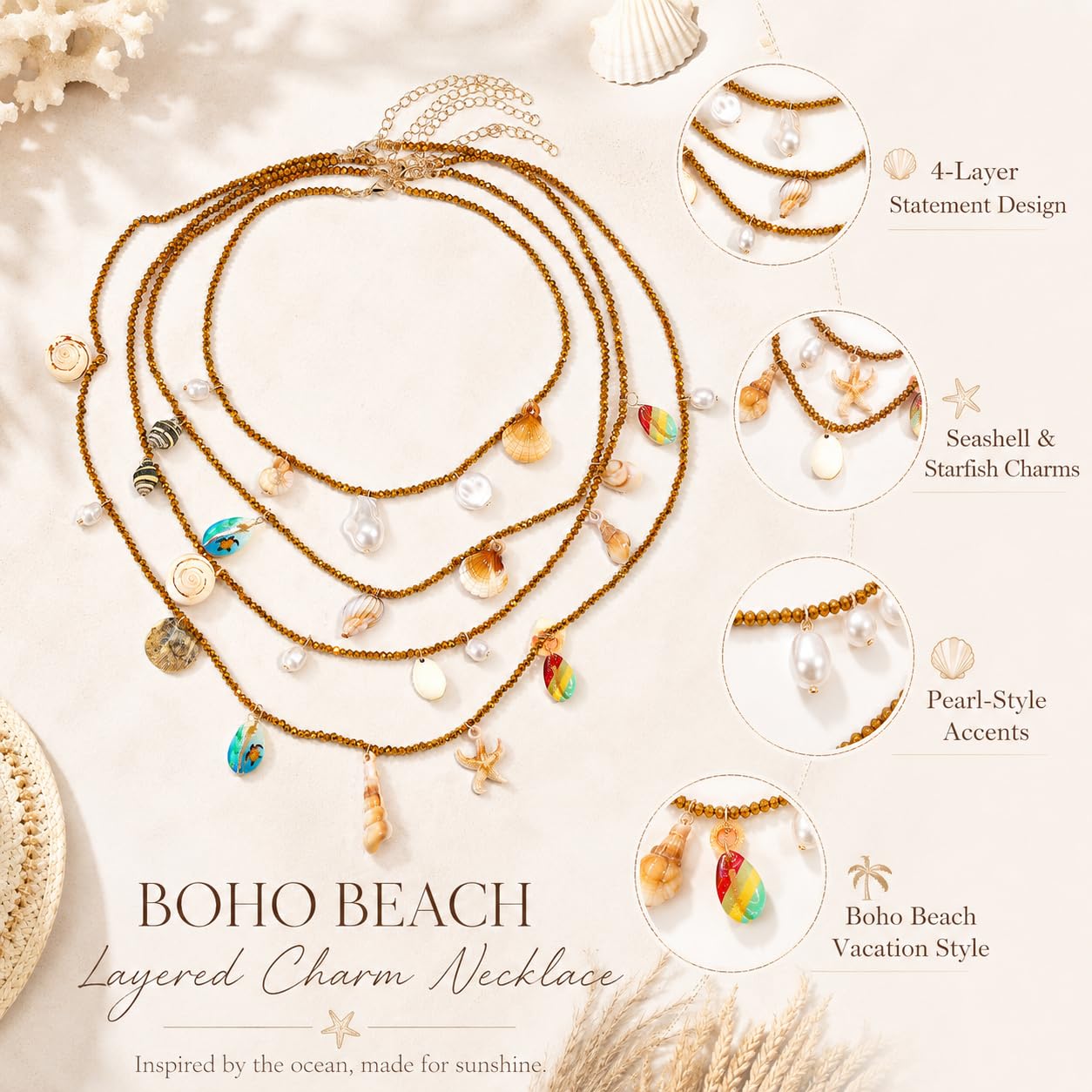 Boho Seashell Necklace For Women, Handmade Multi Layer Beaded Shell Starfish Conch Pearl Charm Pendant Necklaces Summer Beach Fashion Gifts Jewelry (4Pcs Gold)