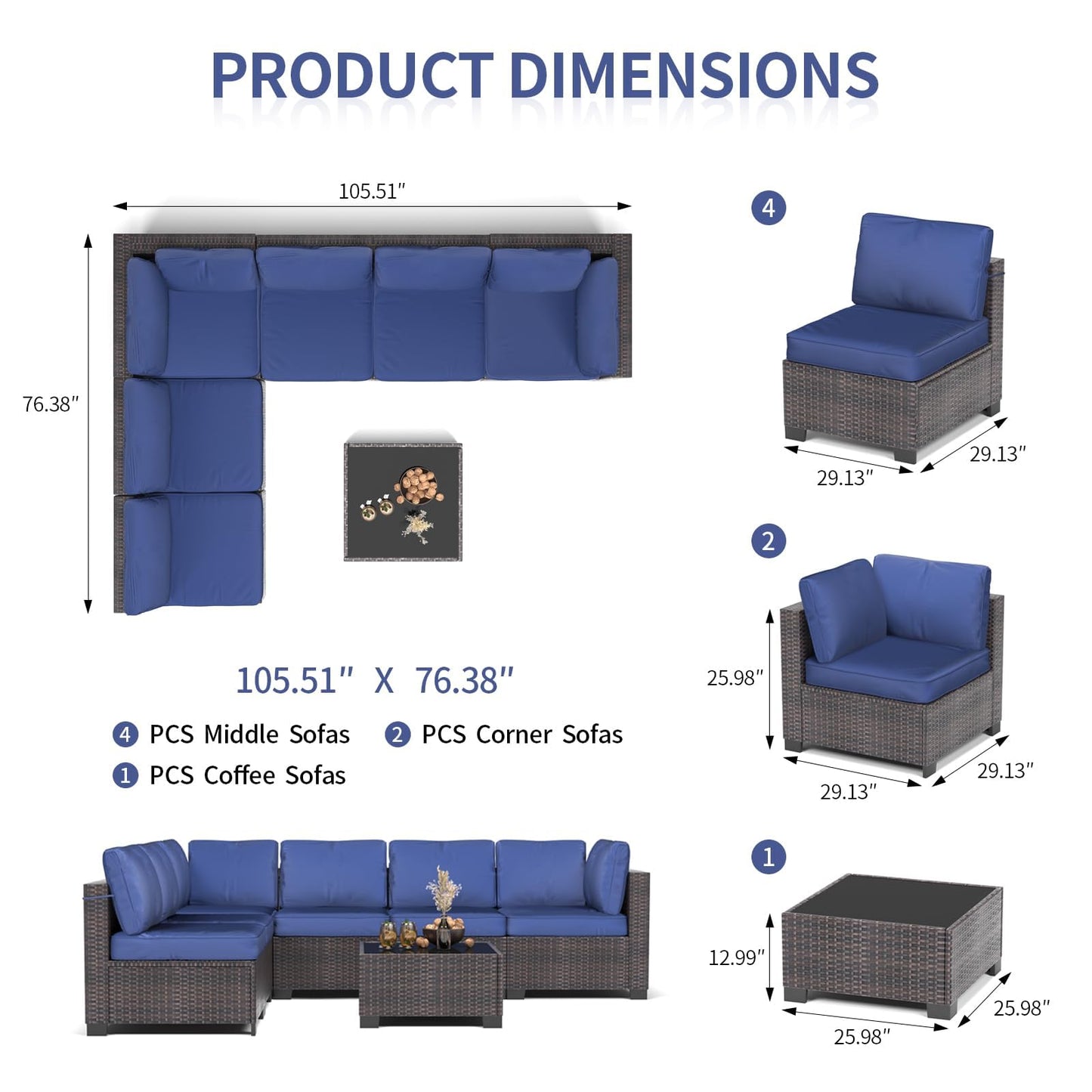 GAOMON 7 Pieces Outdoor Patio Furniture Sets, Rattan Conversation Set with Sectional Sofa, Chairs and Coffee Table, Waterproof Patio Conversation Sets (Brown & Navy Blue)