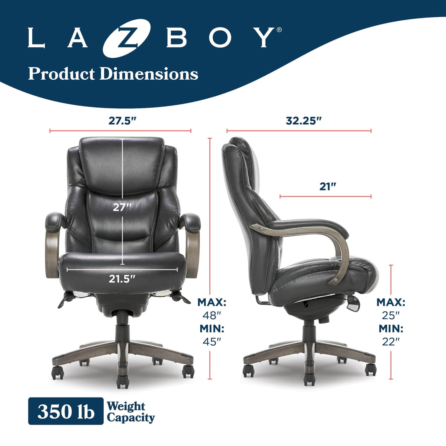 La-Z-Boy Delano Big and Tall Executive Office Chair - Ergonomic Lumbar Support Memory Foam - Bonded Leather Desk Chair for Home Office - Weathered Grey Wood Arms - Black