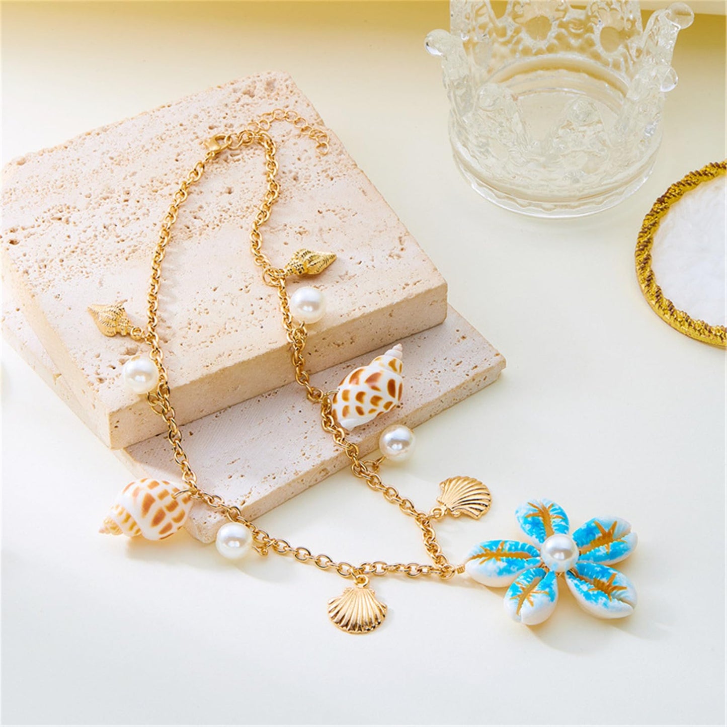 Seashell Flower Charm Necklace for Women Gold Plated Bohemian Starfish Sea Shell Cowrie Conch Floral White Pearl Ball Pendant Necklace for Ocean Summer Coastal Beach Holiday Outfits Trendy Jewelry (Blue)