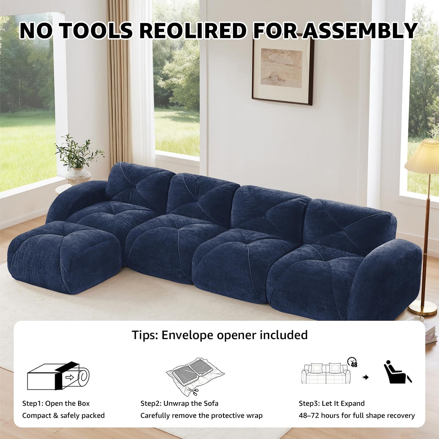 Blue L-Shaped Sectional Couches for Living Room, Velvet Fabric Boneless Couch, No Assembly Cloud Modular Sectional Sofa with 1 Ottoman, Foam Couch Compressed Sofa Set for Apartment, Sofas para Sala