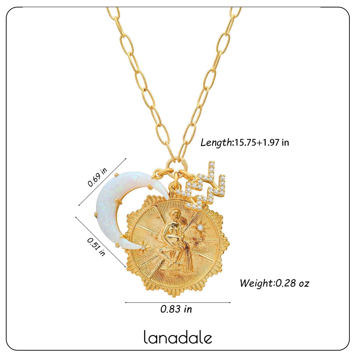 Lanadale Dainty Gold Aquarius Zodiac Coin Opal Crescent Moon Charm Necklace for Women Trendy 18K Gold Plated Retro Paperclip Chain 12 Constellation Horoscope Necklaces Astrology Jewelry Gifts
