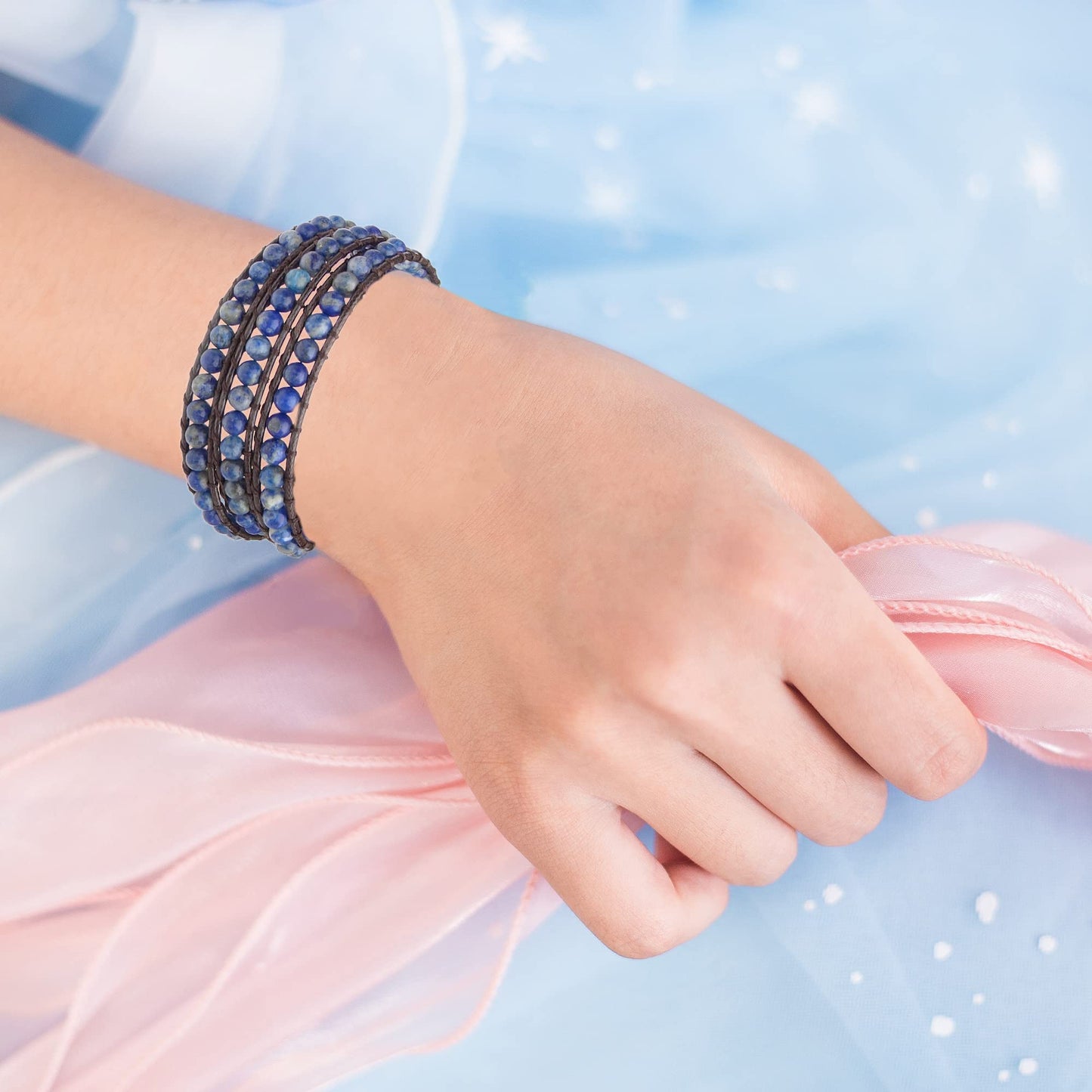 Ayriwoyi Blue Lapis Lazuli Bracelet Wrap Bracelets for women Beaded Stone Adjustable Healing Crystal Bracelet Leather Boho Bracelets