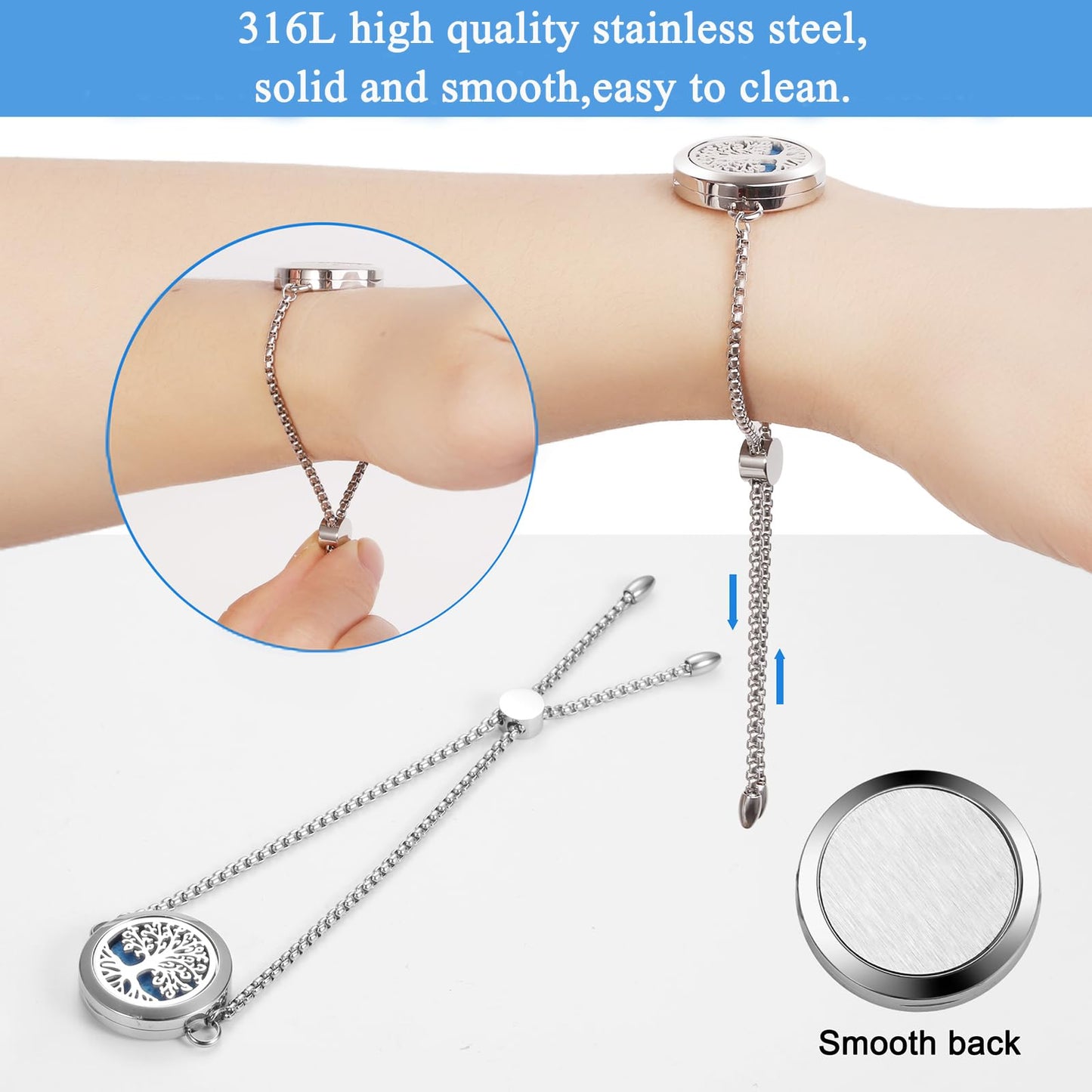 Aromatherapy Essential Oil Diffuser Bracelet, Tree of Life Pattern Locket Adjustable Link for Women Birthday Jewelry Gifts Trendy for Wife Mothers（Silver