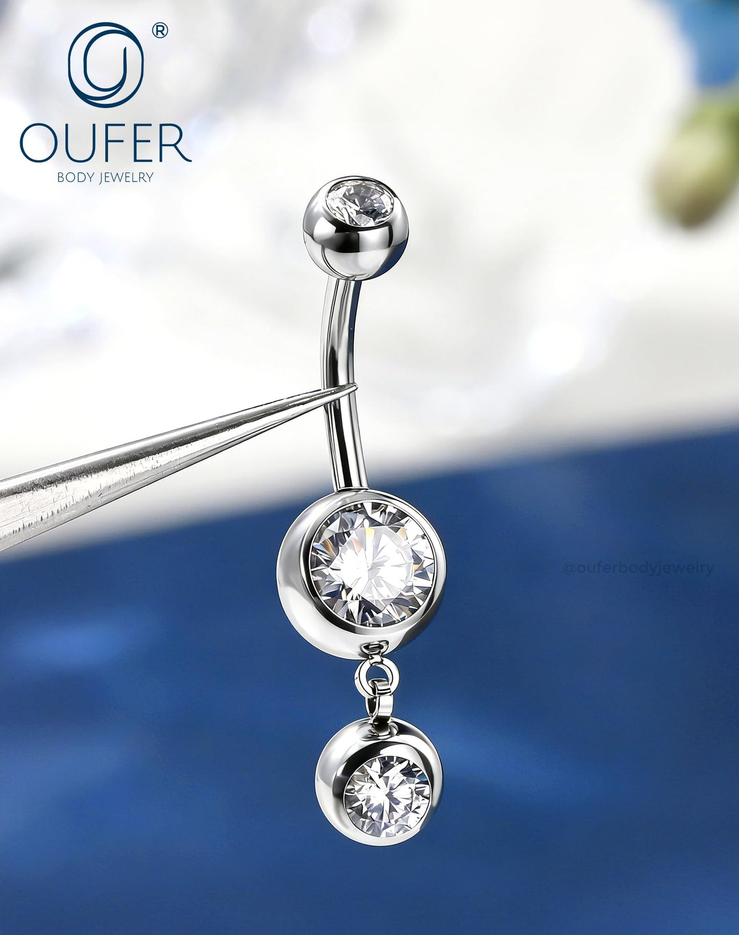OUFER 3PCS Silver Dangle Belly Button Rings, 316L Surgical Steel Belly Rings for Women Dangling, 14G Flower Crystal Navel Piercing Jewelry, Clear CZ Curved Barbells
