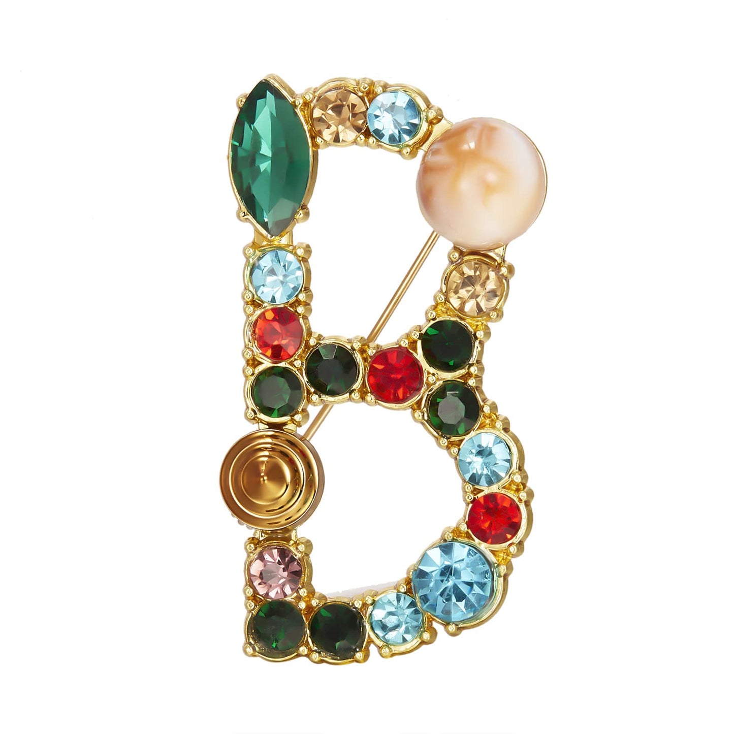 RINHOO Crystal Pearl Initial Brooch Gold Plated Enamel Colorful Letter Alphabet Breastpin Pin Jewelry for GIFTS (Gold B)