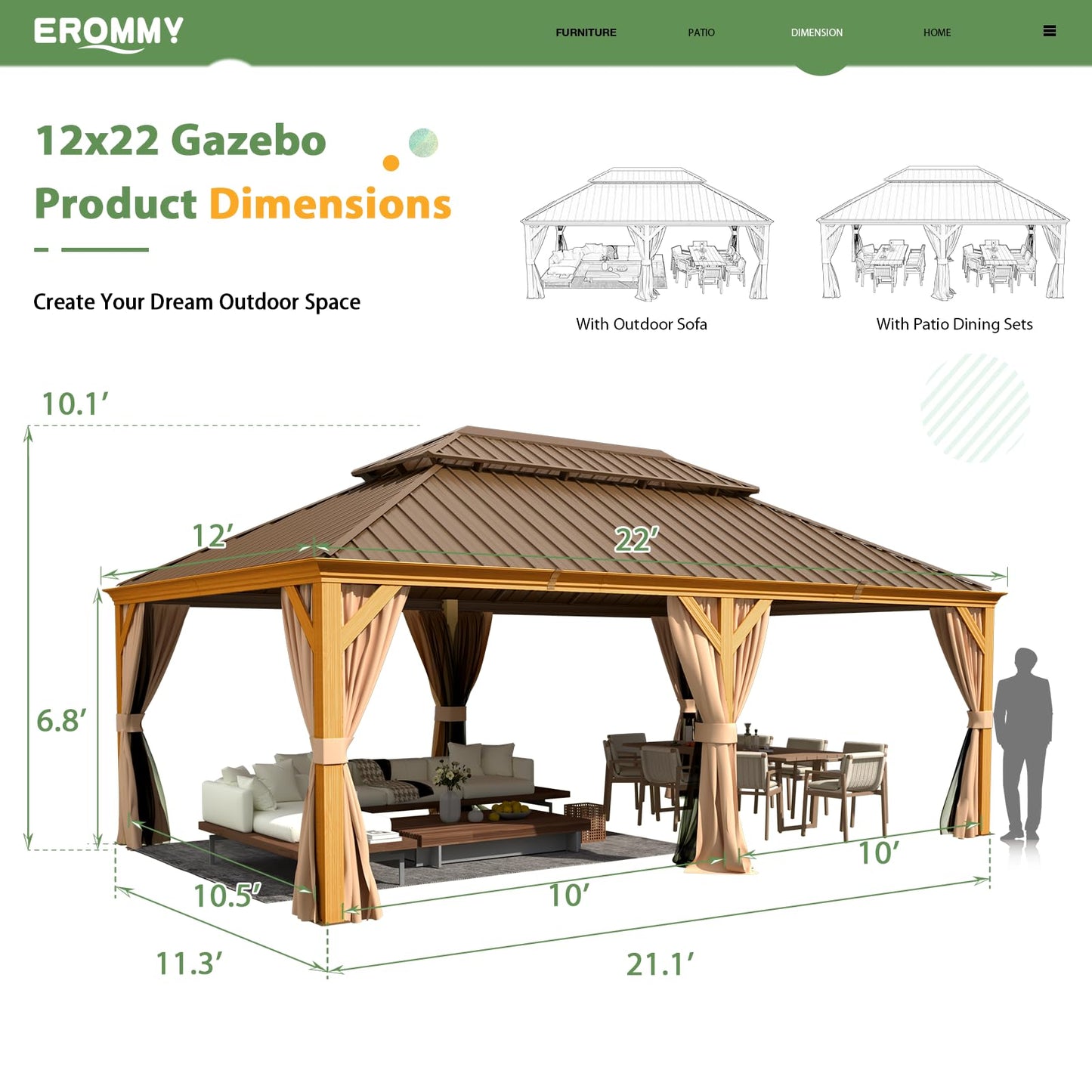 EROMMY 12'x22' Gazebo, Wooden Finish Coated Aluminum Frame Pergola with Double Galvanized Steel Hardtop Roof, Outdoor Permanent Metal Pavilion with Curtains and Nettings for Patio, Backyard and Deck