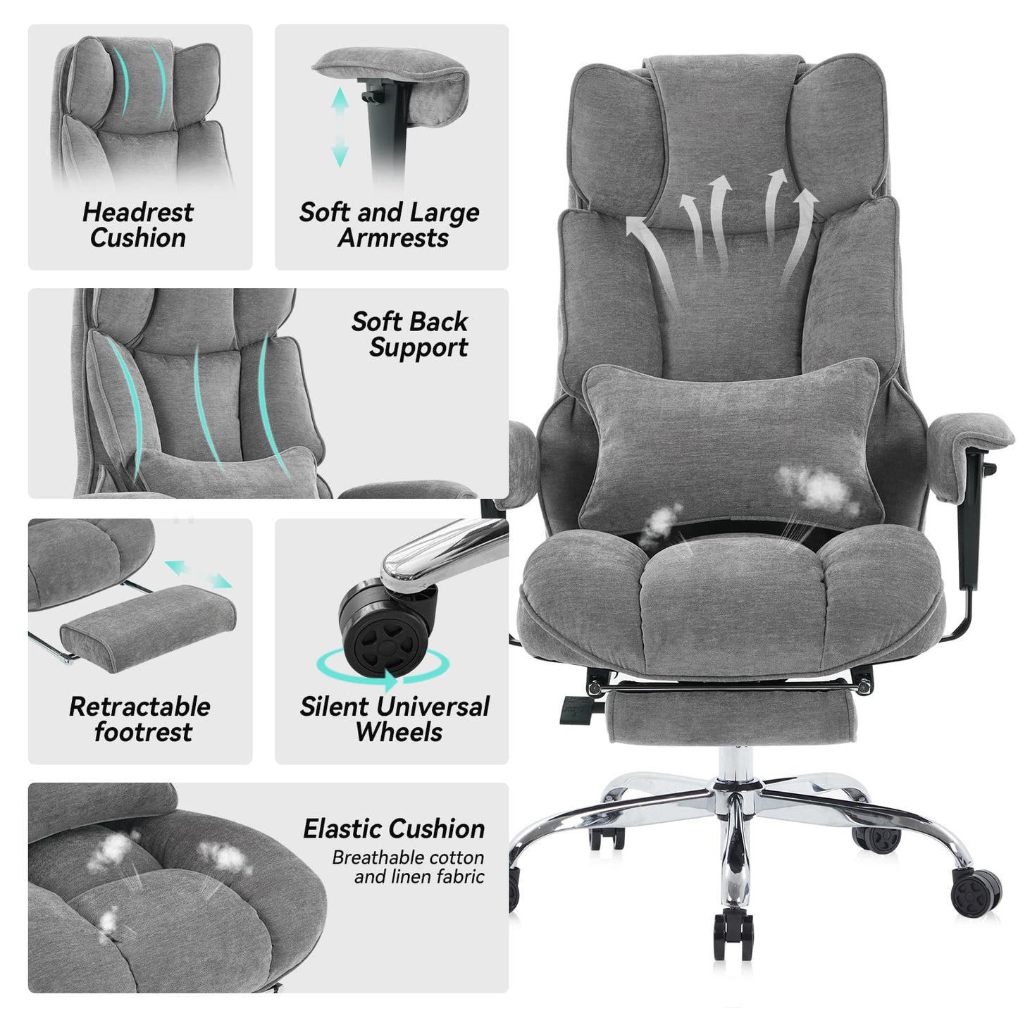 Efomao Executive Office Chair, Soft-Cushioned Computer Chair with Foot Rest, Fabric Home Office Desk Chairs, Big and Tall Office Chairs, Grey
