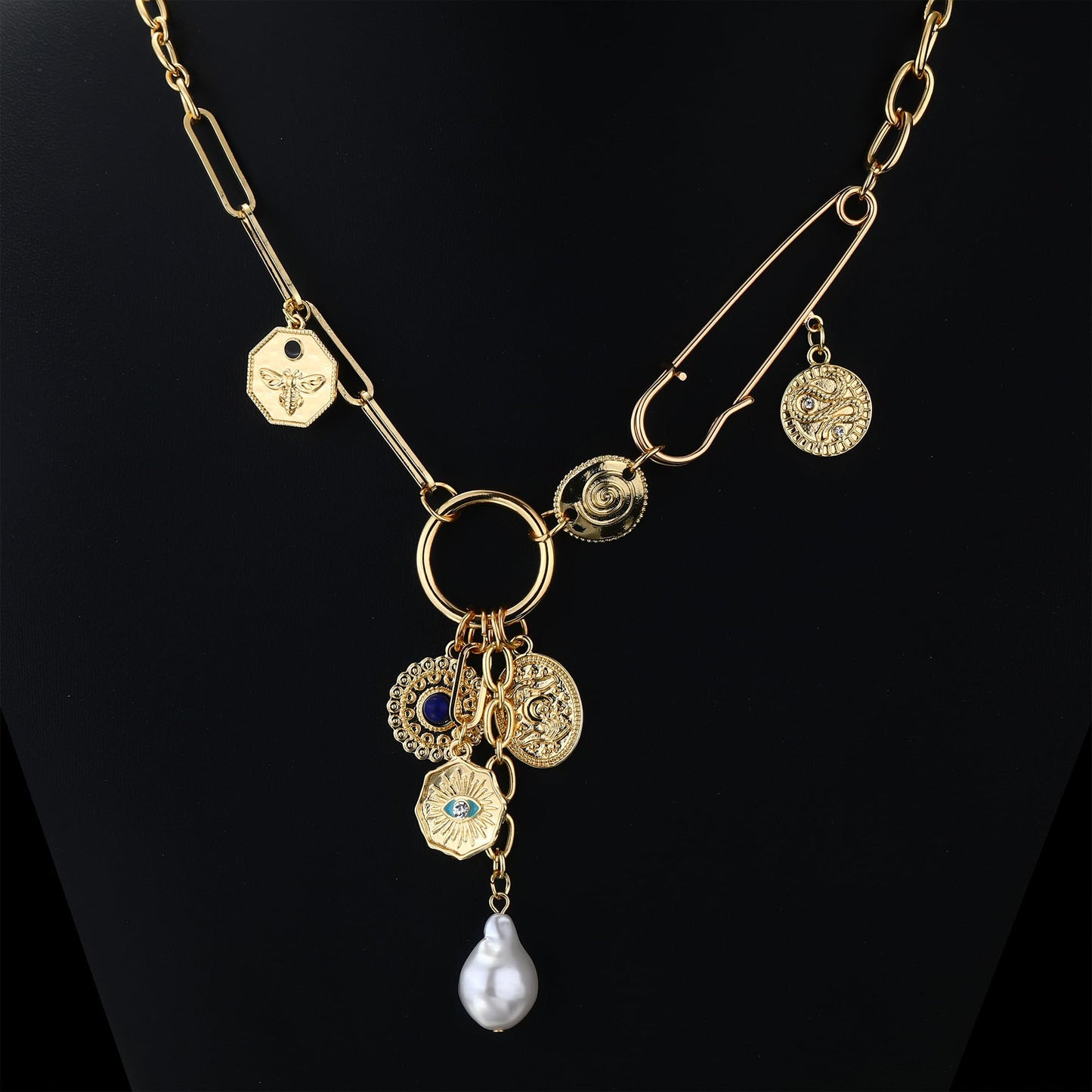 BONJOULRY Charm Necklace for Women Gold Evil Eye Pearl Blue Beads Coin Pendant Necklace Dainty Paperclip Chain Vintage Luck Amulet Choker Necklaces Celestial Jewelry Gift