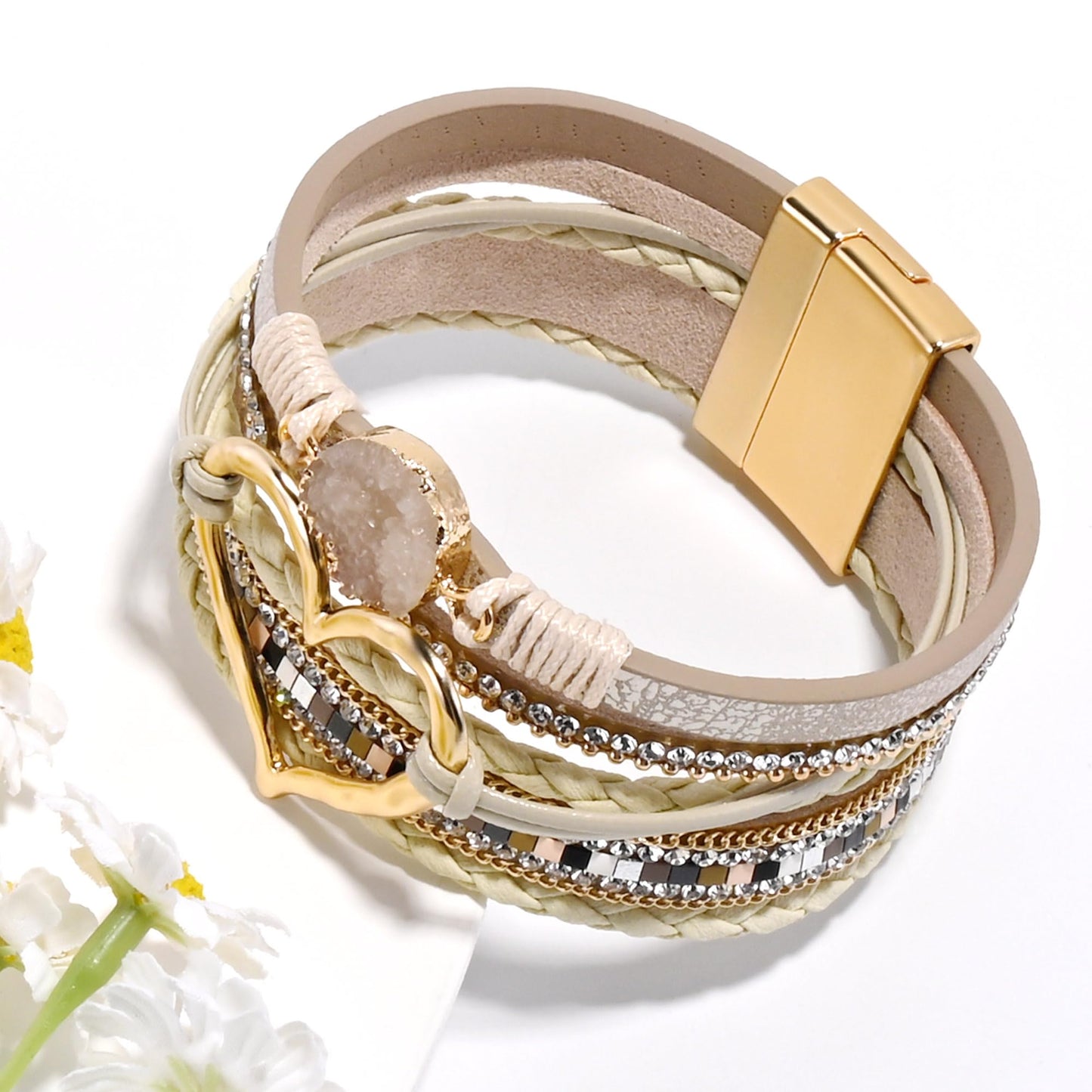 VIBILIA Boho Leather Wrap Bracelets for Women Heart Multi-Layer Bracelets with Strong Clasp Jewelry for Women-Khaki