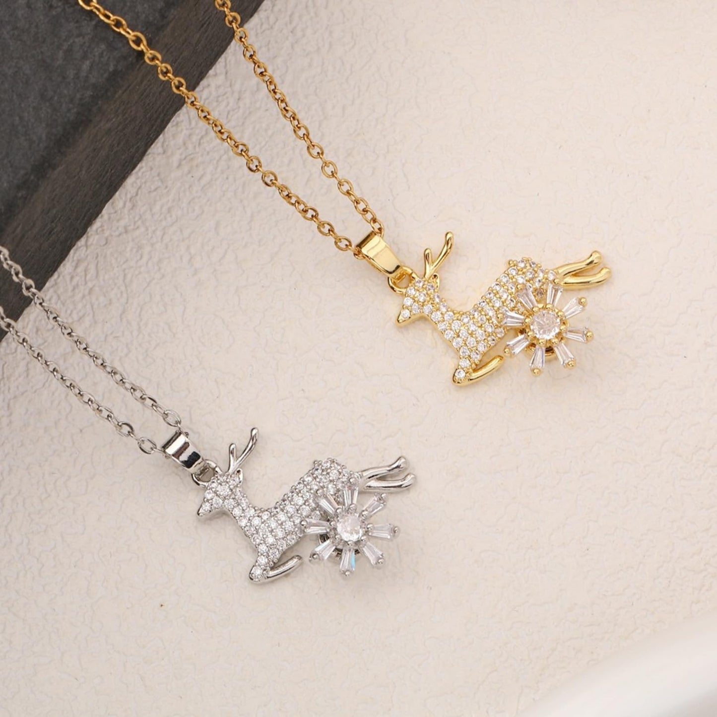 KONPJE Sunflower Fidget Necklace for Women Gold Moon Necklace Rotating Heart Necklaces Spinning Crystal Flower Anxiety Necklaces Crescent Moons Jewelry Accessories (Gold Deer)