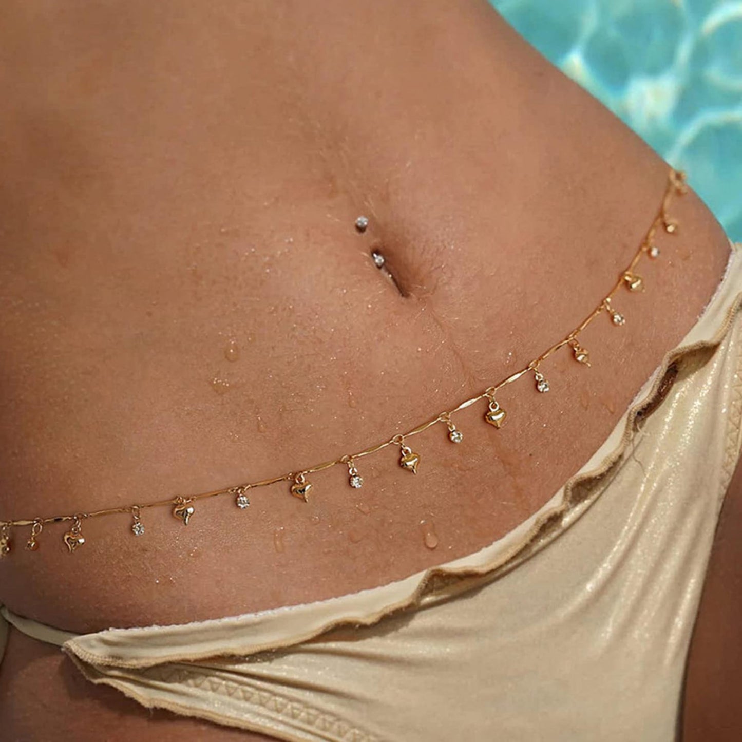 MODRSA 1pcs Gold Belly Chain Gold Waist Chain for Women Heart Waist Jewelry for Women Belly Chains Rhinestone Stomach Jewelry Sexy Body Chains Non Tarnish Waterproof Summer Jewelry Trendy