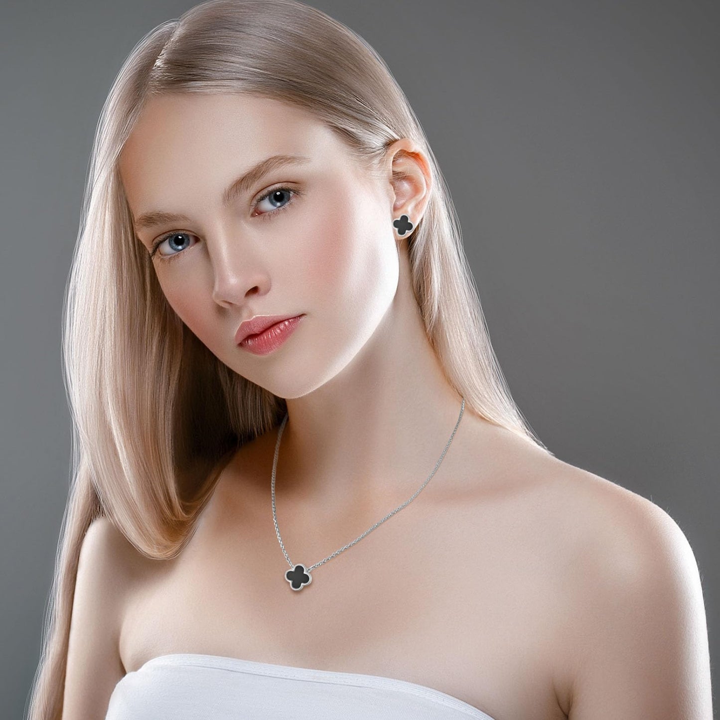KYJAC Clover Jewelry Set - Necklace and Stud Earrings, 18k Gold Plated Four Leaf Pendant, White Black Red, Silver Black Set - Gifts for Women