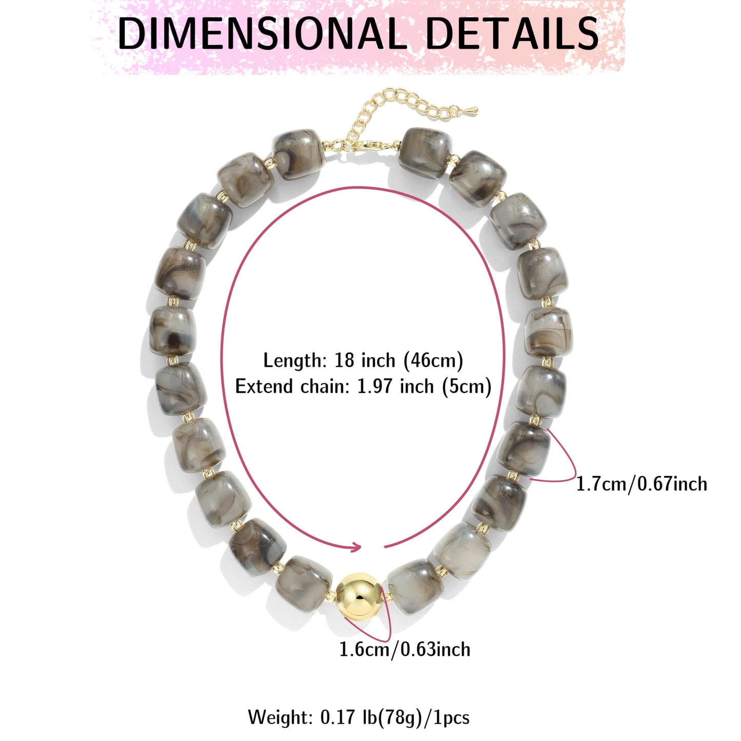 BREPINE Ash Grey Chunky Necklaces for Women Multicolored Large Square Resin Beads Necklace Trendy Bold Statement Beaded Summer Candy jelly Vacation Choker