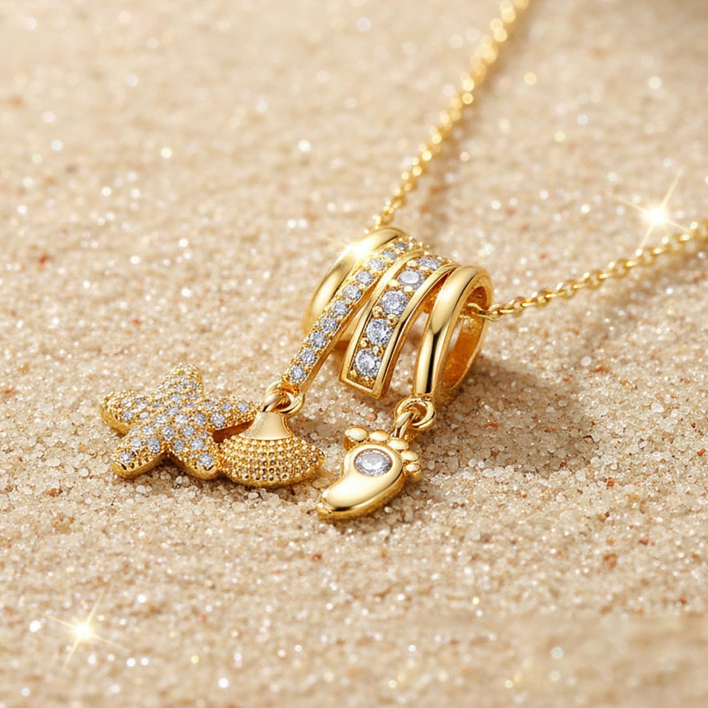 crataly Seashell And Starfish Necklace For Women-Gold Plated CZ Multi-Pendant Ocean Jewelry For Women Valentines Day Mother's Day Christmas Birthday Gifts
