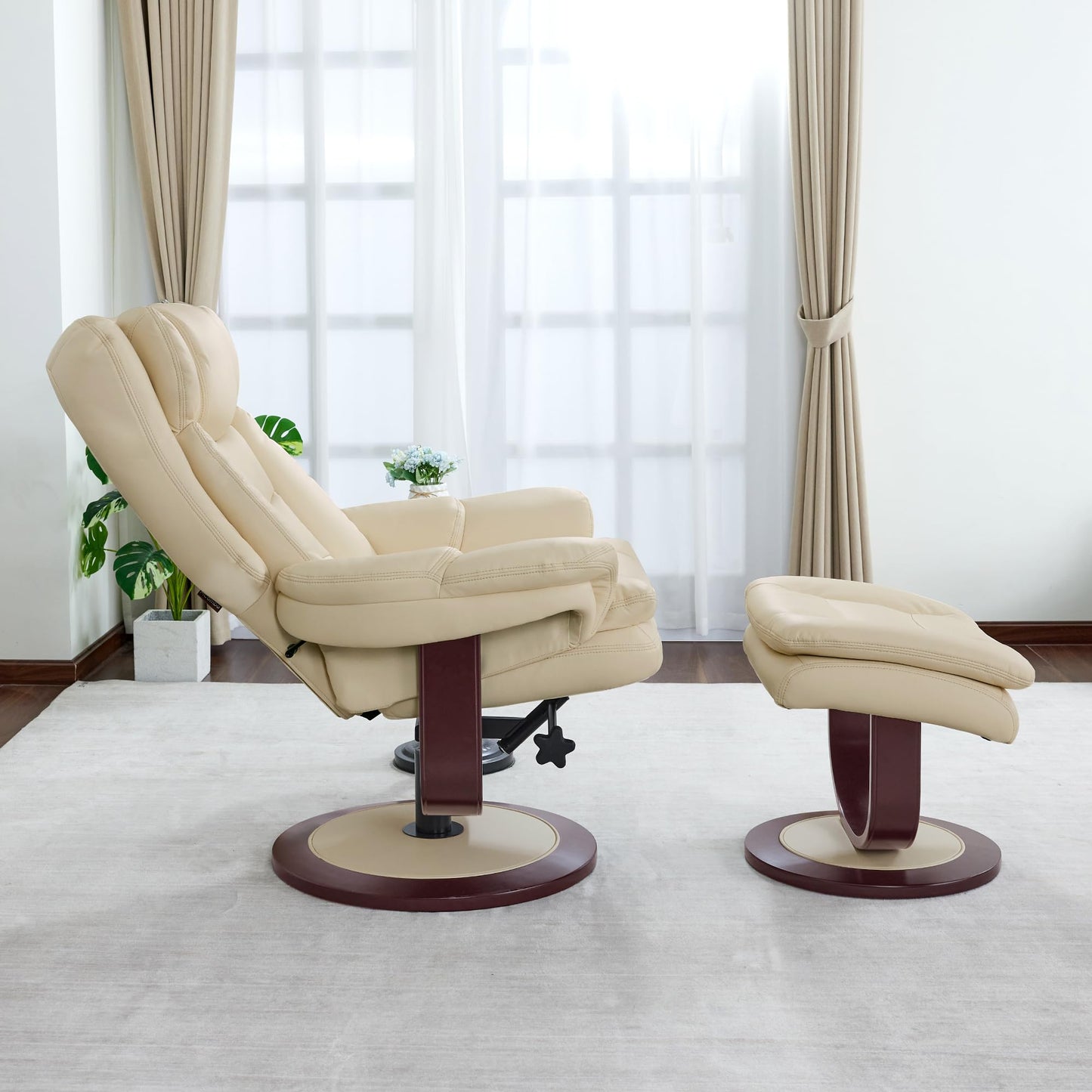 MCombo Oversized Swivel Recliner Chair with Ottoman, Adjustable Backrest, 360° Wood Base, High Seat, Faux Leather Lounge Chair for Tall Users in Living Room Office 4651 (Cream White)