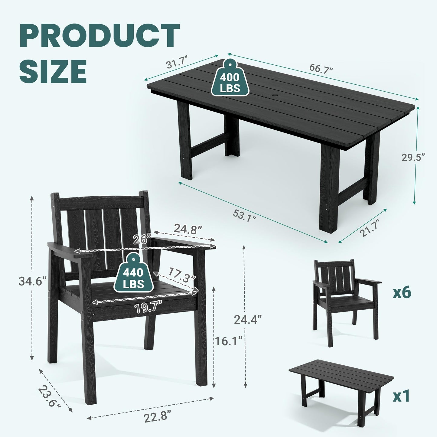 Pamapic 7 PCS Outdoor Dining Set, Spacious HDPE Outdoor Table and Chairs, Wood Grain Patio Furniture Sets with Elegant Armrest, All-Weather Patio Dining Table with Umbrella Hole, Black