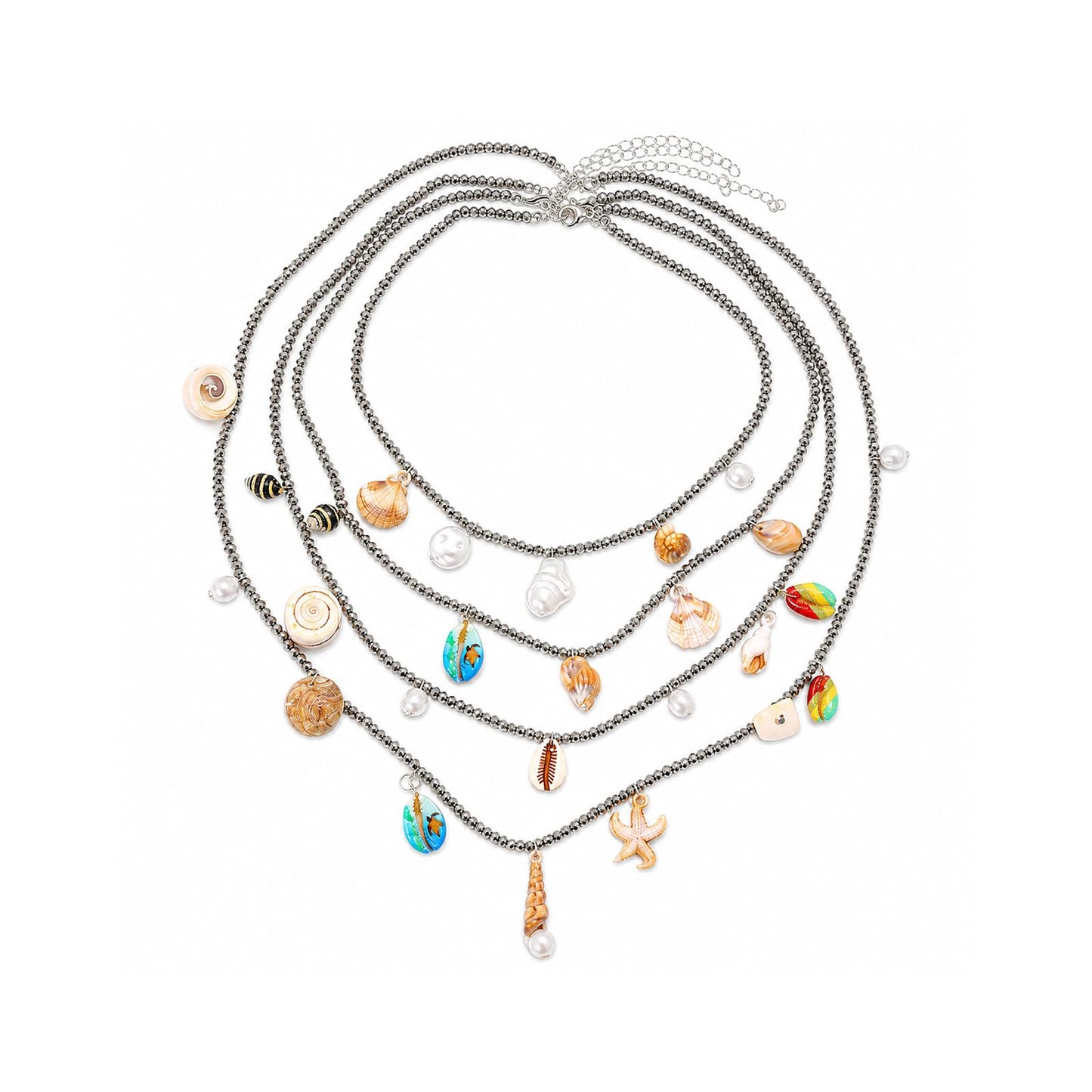 Boho Seashell Necklace For Women, Handmade Multi Layer Beaded Shell Starfish Conch Pearl Charm Pendant Necklaces Summer Beach Fashion Gifts Jewelry (4Pcs Silver)