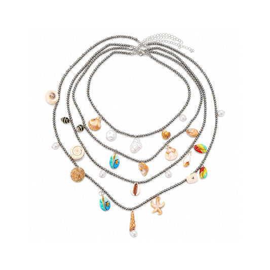 Boho Seashell Necklace For Women, Handmade Multi Layer Beaded Shell Starfish Conch Pearl Charm Pendant Necklaces Summer Beach Fashion Gifts Jewelry (4Pcs Silver)