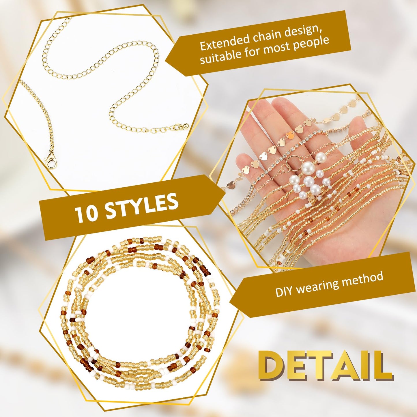 Lenwen 10 Pcs Summer Beach Belly Chain Adjustable Waist Multi Layered Chain Waist Jewelry for Women Girls Multilayer Body(Cute Style,Gold)