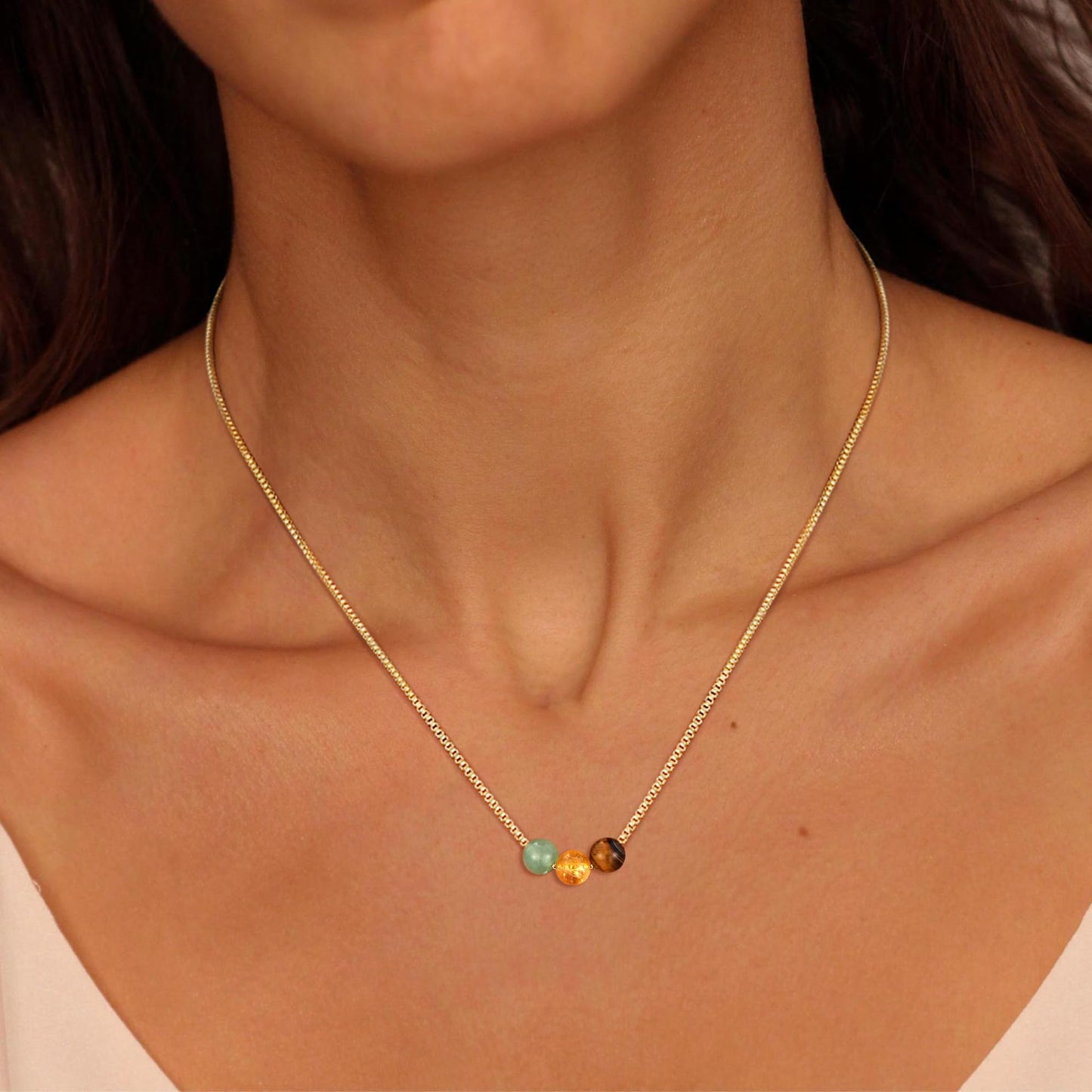 Suarlly Healing Crystal Necklace for Women 14k Plated Gold Beaded Necklace Tiger Eyes Relief Triple Protection Good Luck Gifts for Friends Sister Mom Daughter Jewelry
