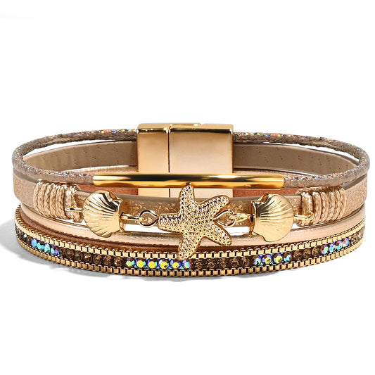 VIBILIA Boho Leather Wrap Bracelets for Women Shell starfish Multi-Layer Bracelets with Strong Clasp Jewelry for Women-Champagne