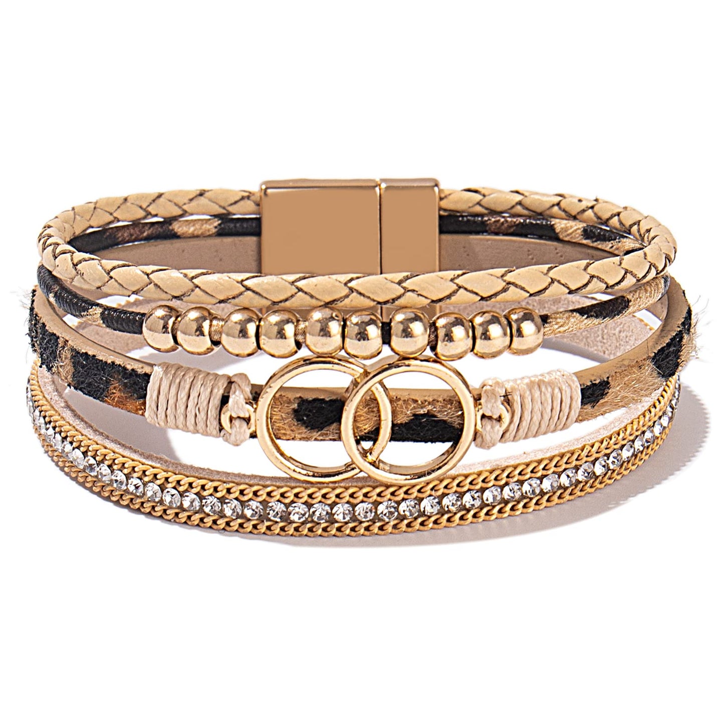 FANCY SHINY Boho Leather Wrap Bracelet Stackable Beaded Infinity Chunky Cuff Bracelets with Magnetic Clasp Western Hippie Outfits Jewelry Gifts for Women(Leopard)