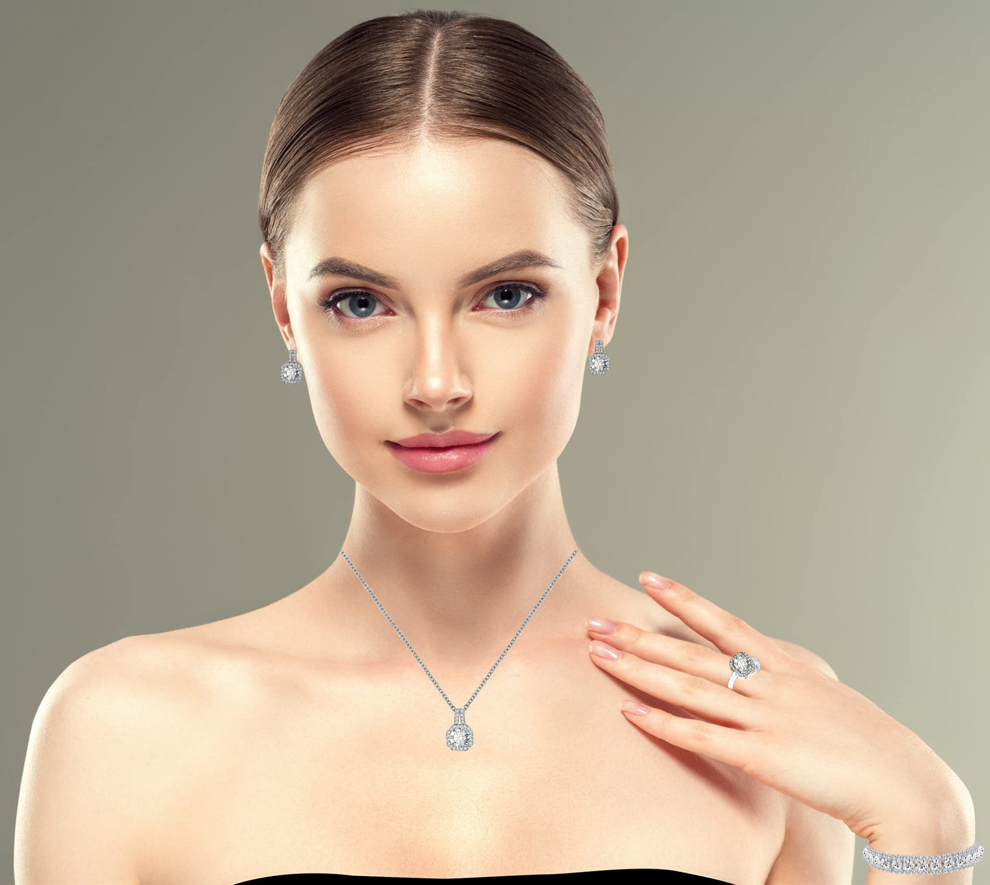 Paxuan 4pcs Cubic Zirconia Wedding Jewelry Sets for Bride Bridesmaid Cubic Zirconia Pendant Necklace Earrings Link Tennis Bracelet Open Ring Set for Women