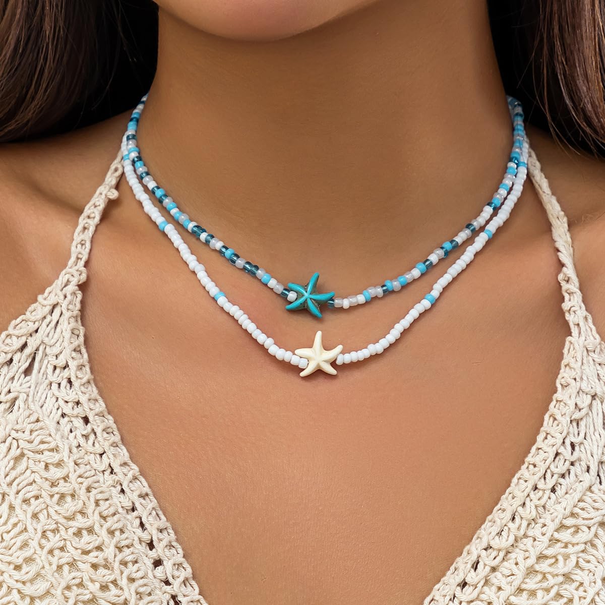 Sora Tuki Layered Starfish Necklace Beach Jewelry for Women Seashell Cowrie Puka Shell Necklaces for Women Beach Necklace Turtle Beaded Choker Necklaces Ocean Jewelry (2 - Beaded starfish)