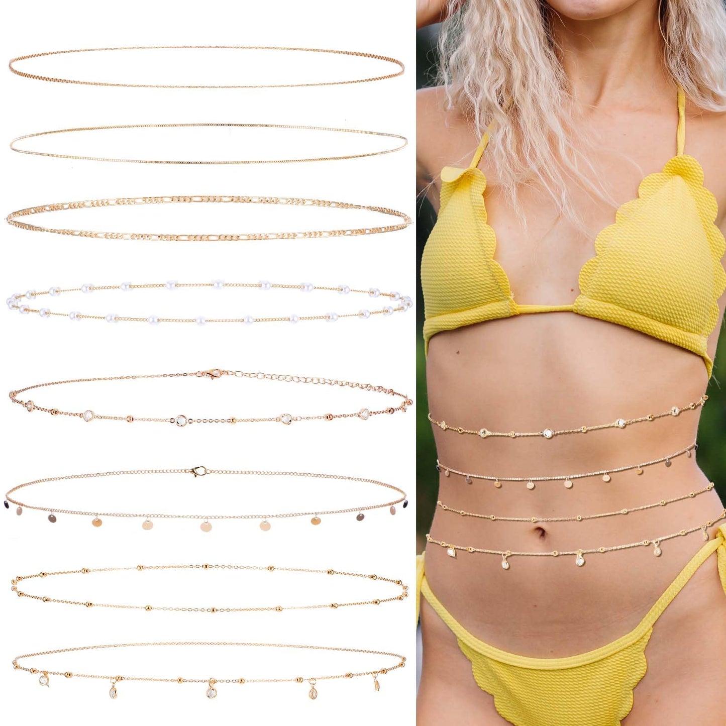 Ptwola 8 Pcs Gold Belly Chain for Women Adjustable Waist Jewelry 18K Gold Plated Body Chain for Summer Beach Sexy Accessories