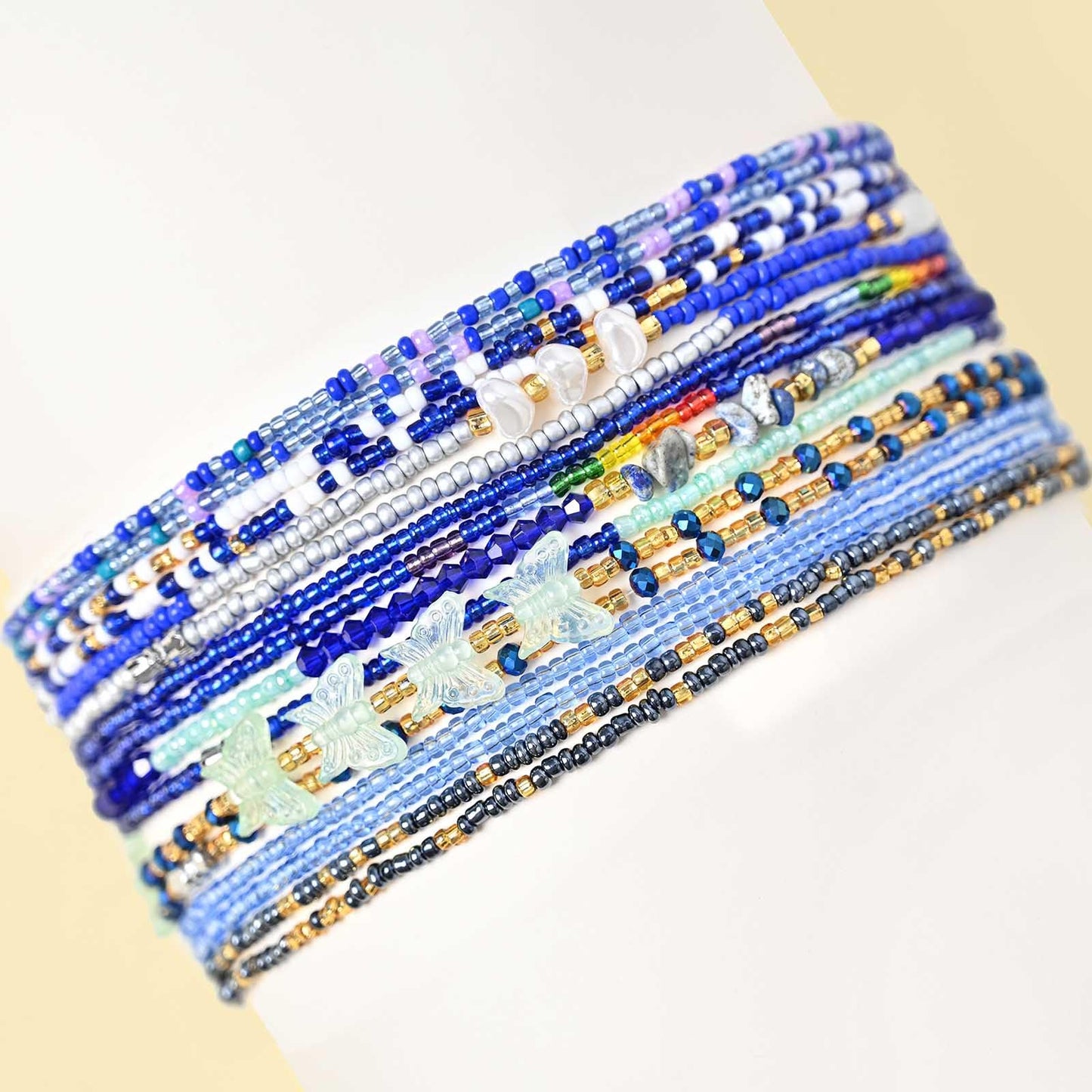 ELABEST Adjustable Handmade Waist Beads Stretchy 23-52 inch 8Pcs Chakra Body Belly Beaded Women Waist, Anklet, Bracelet, Necklace Jewelry with Screw clasp (Blue, 31.5inch/80cm)