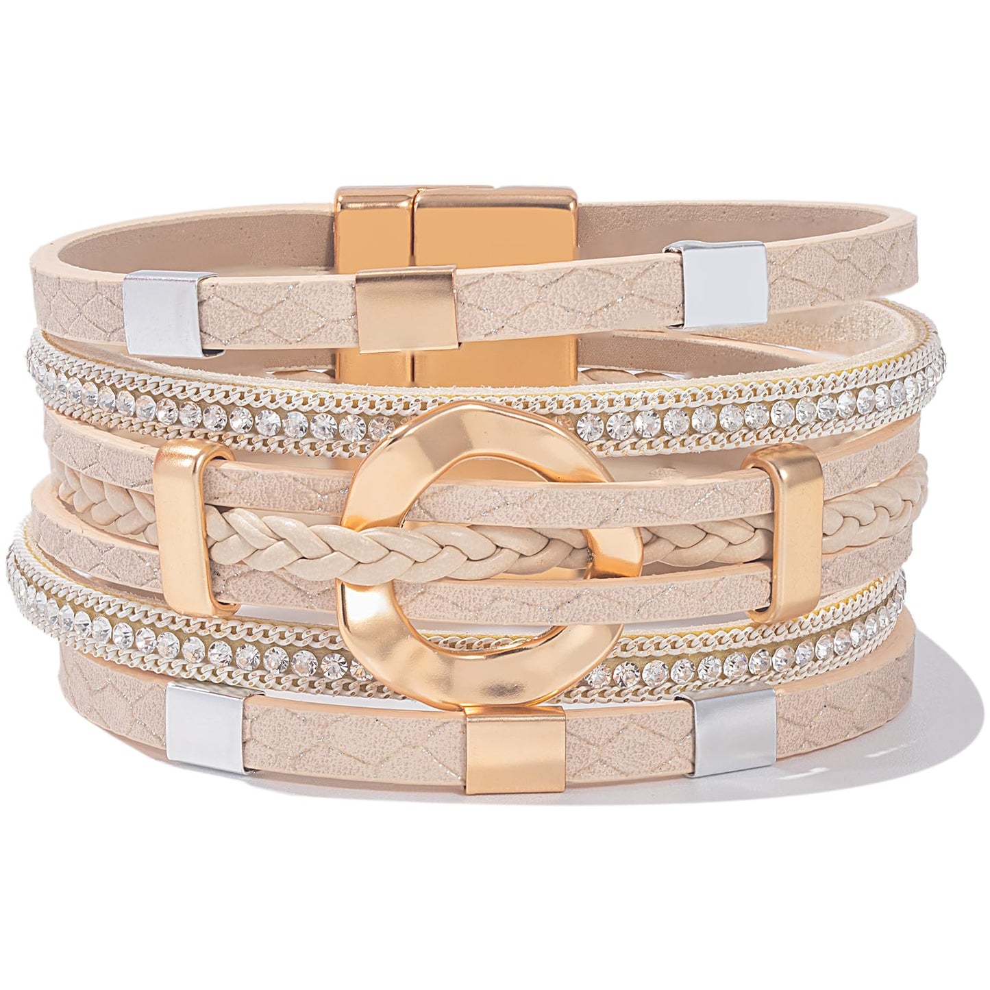 FANCY SHINY Boho Leather Wrap Bracelets Circle Square Bead Braided Handmade Stackable Bracelet Trendy Cuff Bangle for Women(Beige)