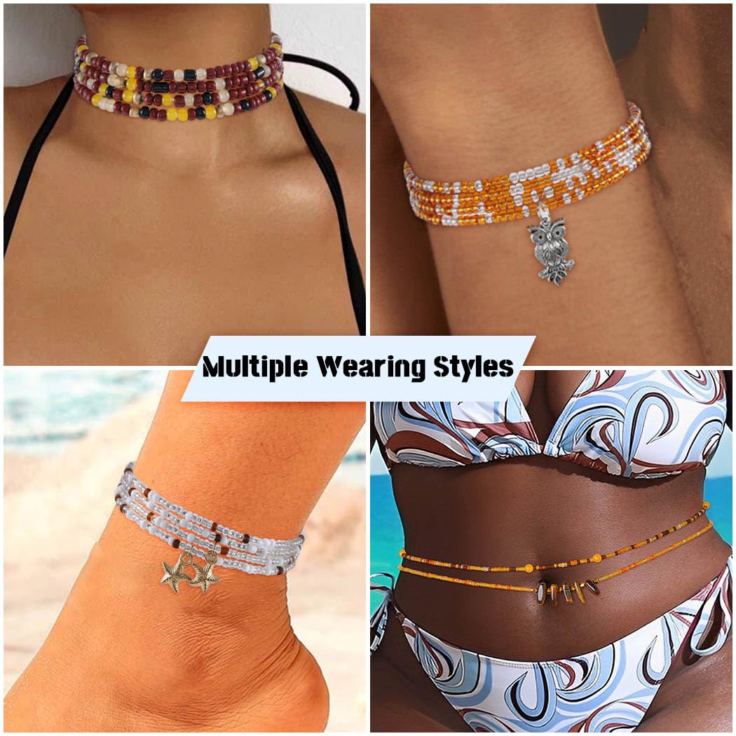 ELABEST 24-39inch African Waist Beads for Women 8Pcs Elastic Belly Beads Colorful Beaded Waist Jewelry Accessories Body Chain (Brown, 47.2inch/120cm)