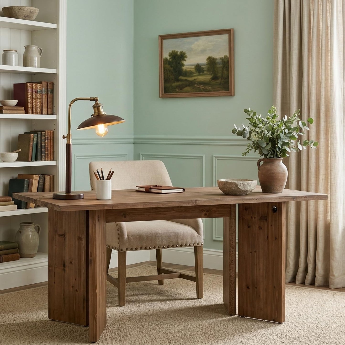 LITTLE TREE 63" Long Large Wood Desks, Solid Wood Office Desk, Farmhouse Executive Computer Desk, Home Office Workstaticon, Work Writing Table, Rustic Brown