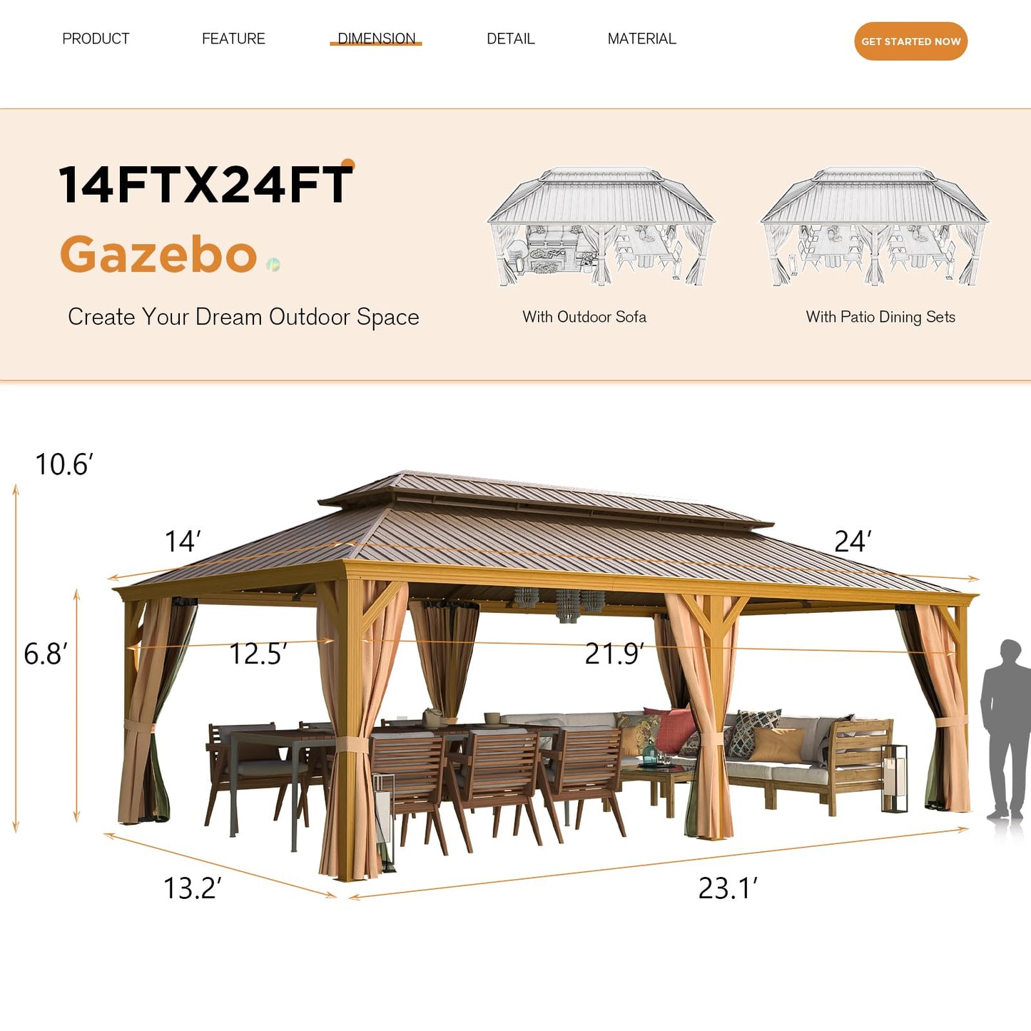 EROMMY 14'x24' Hardtop Gazebo, Galvanized Steel Double Roof with Wood-Looking Aluminum Frame, Outdoor Permanent Metal Pavilion with Curtains and Nettings for Patio, Backyard and Deck