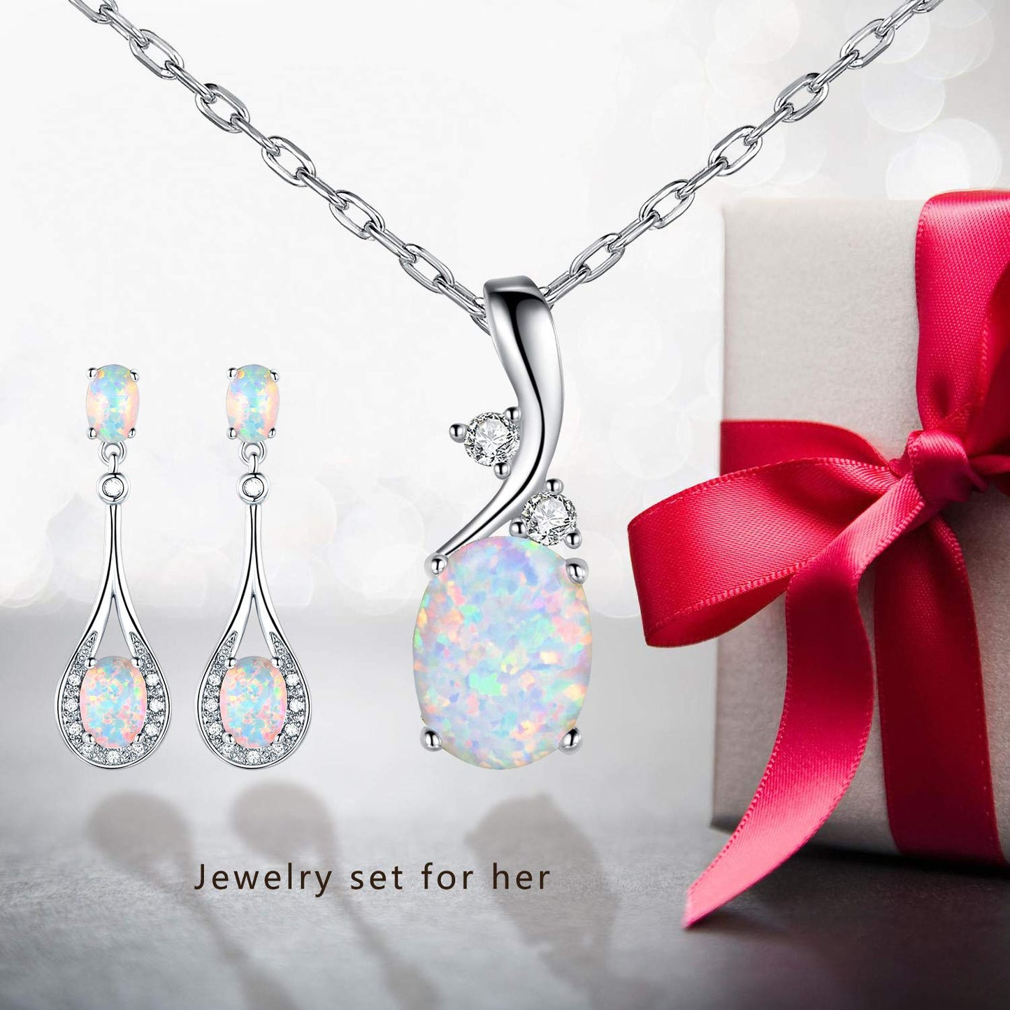 VOLUKA Oval White Opal Pendant Necklace 18K White Gold Plated 7x9mm Birthstone Best Friend 17.5 Inch OPALTOP