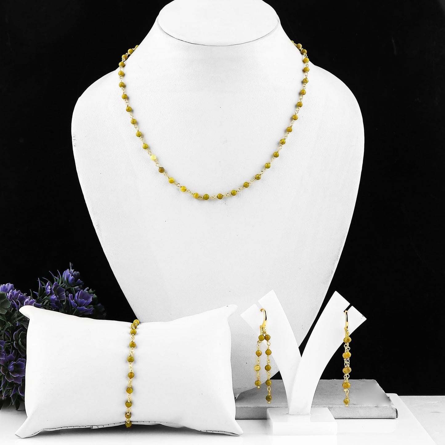 CRYSTALINES (3pcs) Natural Green Opal Gemstone Cluster Jewelry Combo Set, 14K Gold Plated, Crystals Beads Rosary Chain, Handmade Bohemian Jewelry - Bracelets, Necklace, Earrings for Women