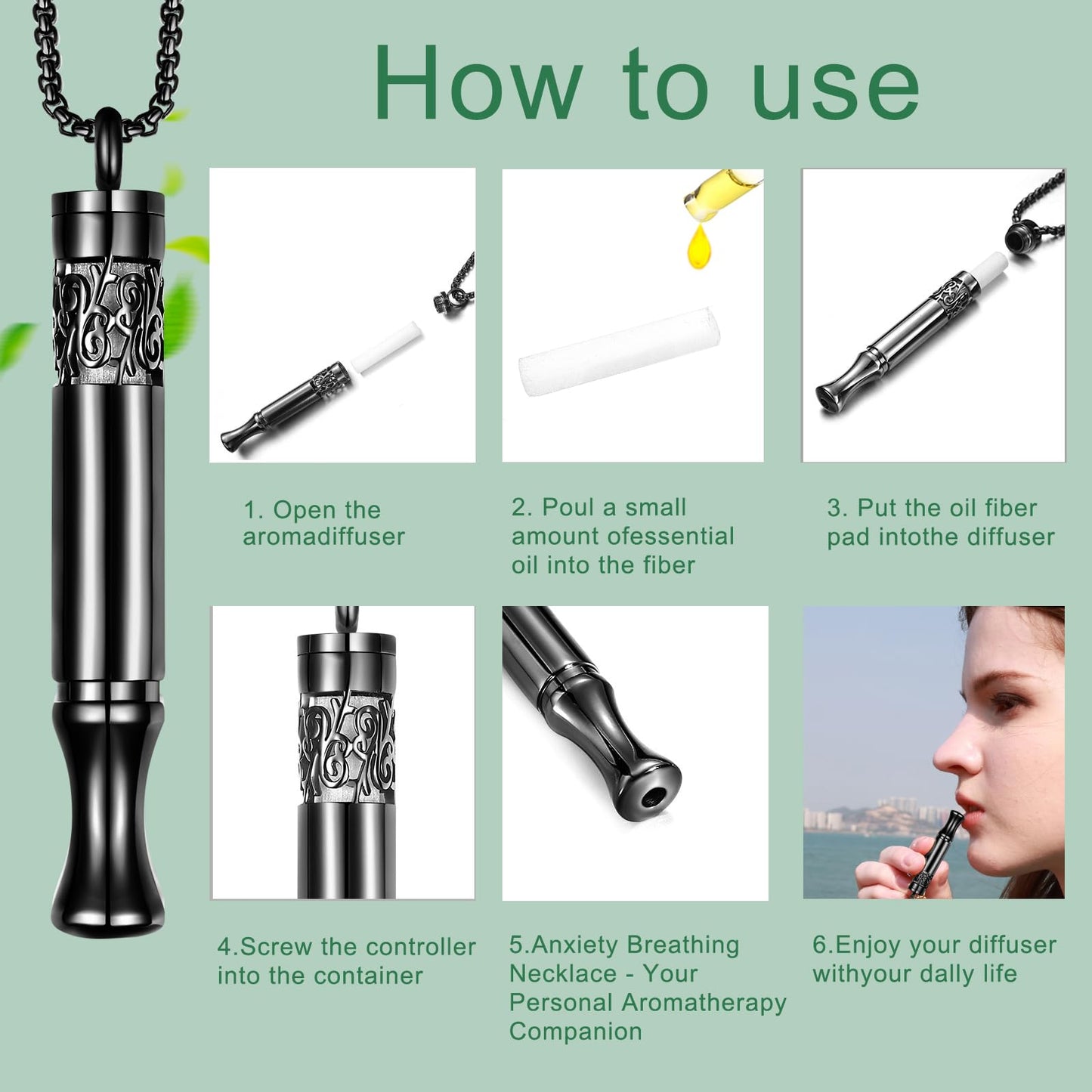 Anxiety Relief Pendant Mindfulness Breathing Necklace - Essential Oil Diffuser & Personal Inhaler Aromatherapy Necklaces for Women & Men (Black)