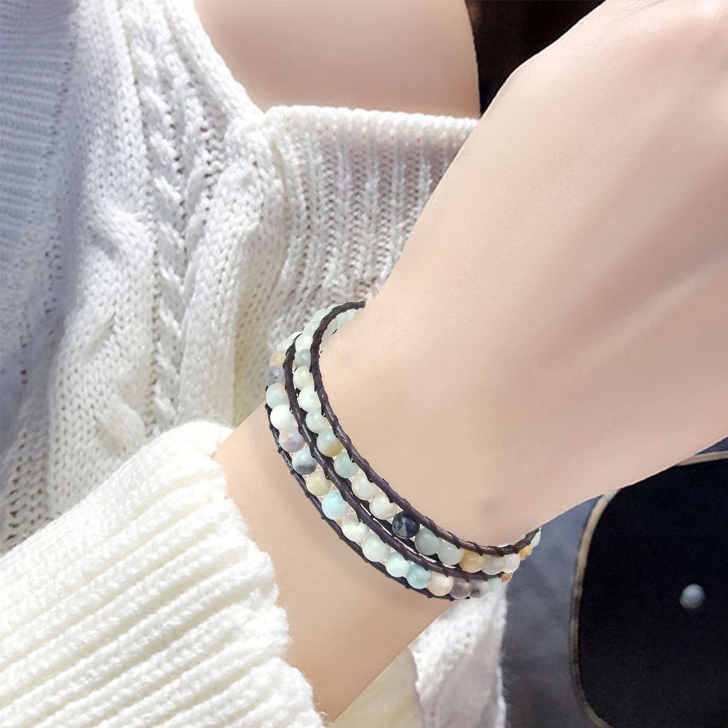 Ayriwoyi Blue Amazonite Bracelet Wrap Bracelets for Women Natural Beaded Stone Leather Wrap Bracelets for Women Bohemian Bracelet