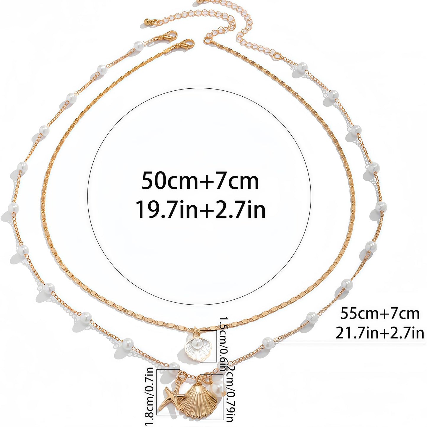 Shell Starfish Necklace for Women, 14k Gold Plated Boho Layered Beaded Charm Pendant Necklace, Dainty Adjustable Pearl Conch Summer Beach Vacation Jewelry Gifts(Shell&Pearl)